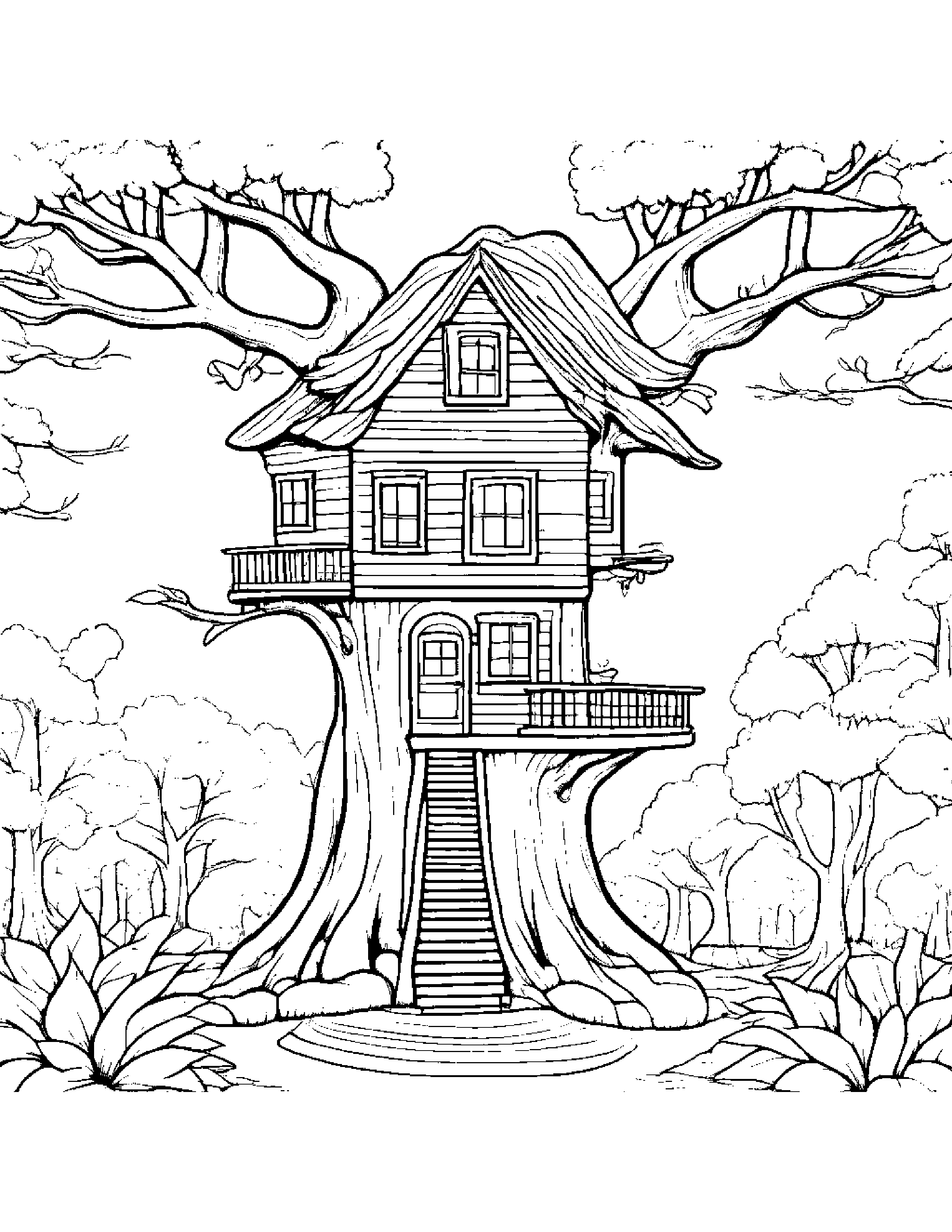 Happy Treehouse With Scarf Coloring Page (Free Printable PDF)