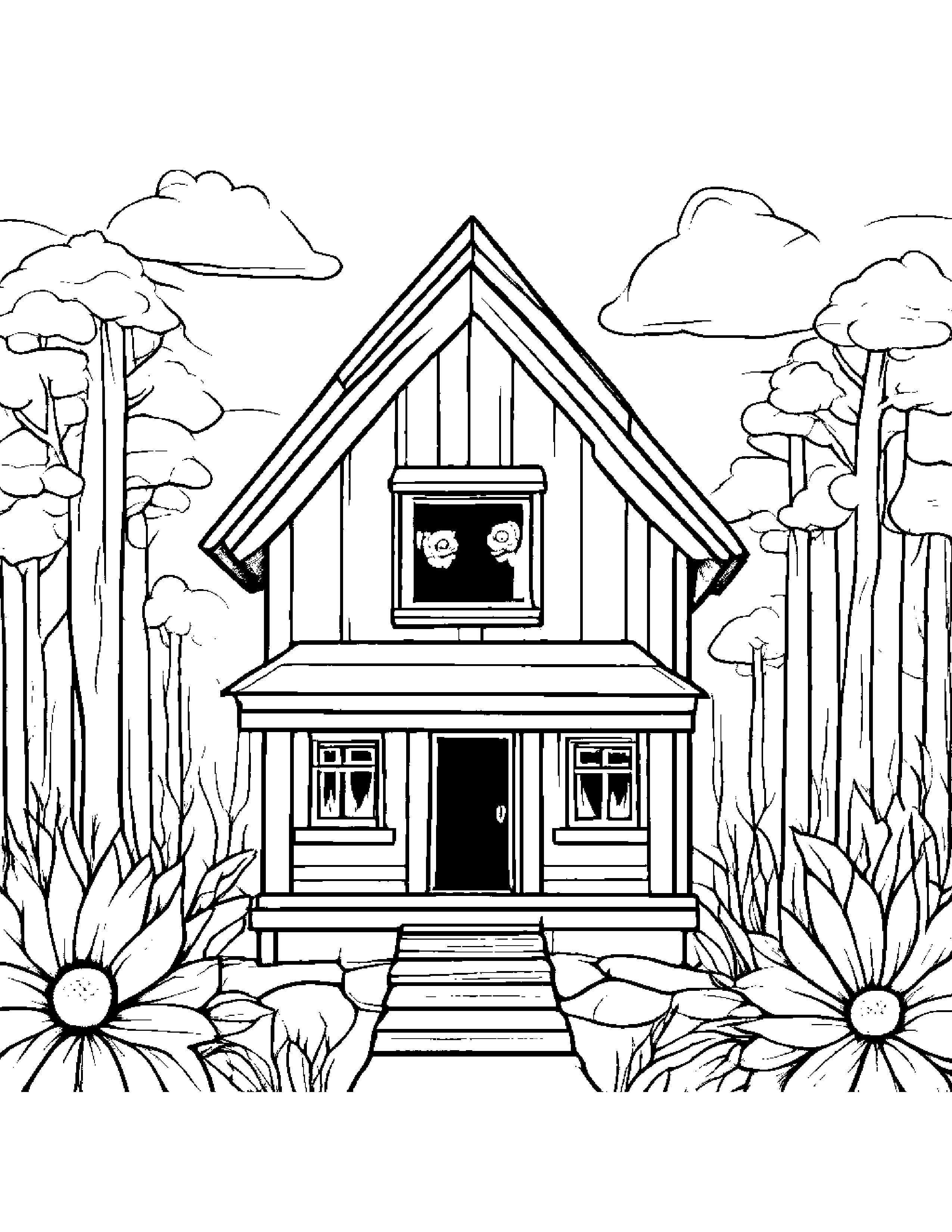 Tiny Cabin With A Flower #2 Coloring Page (Free Printable PDF)