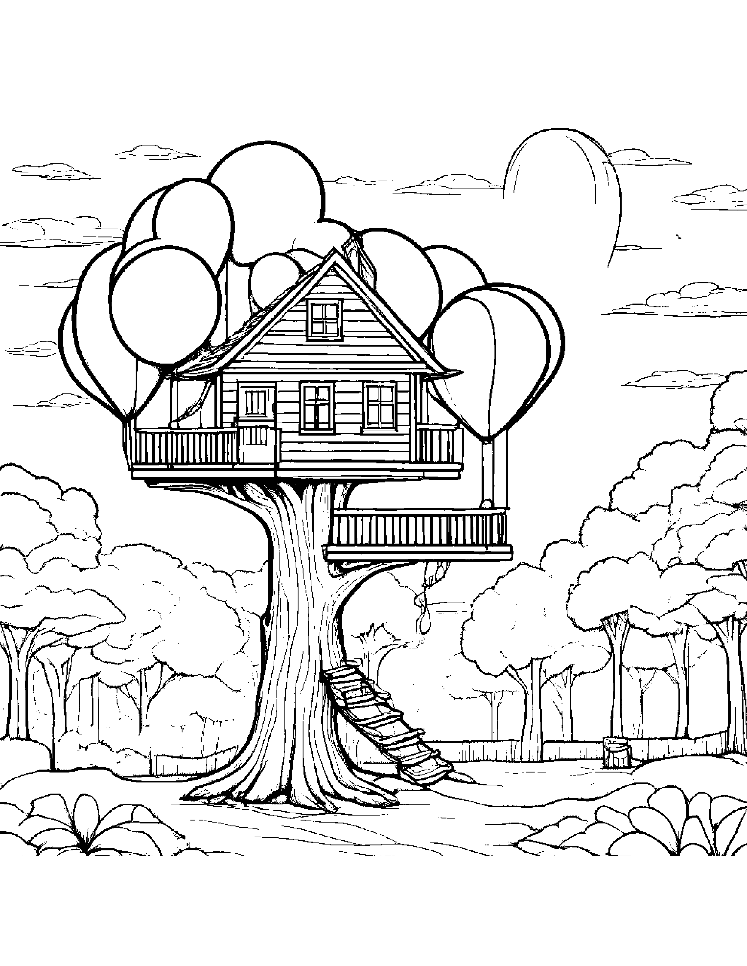 Treehouse With Balloon #2 Coloring Page (Free Printable PDF)