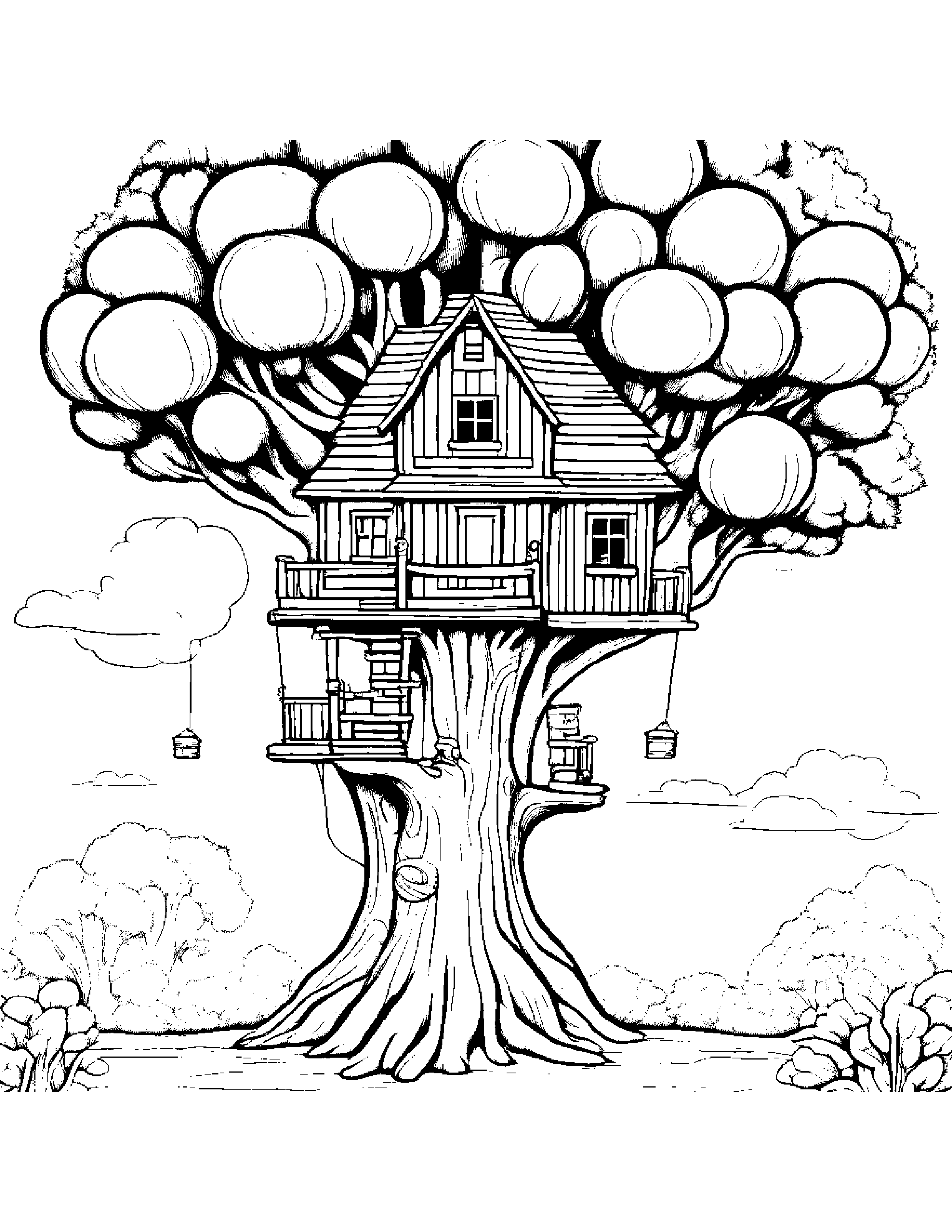 Treehouse With Balloon #3 Coloring Page (Free Printable PDF)