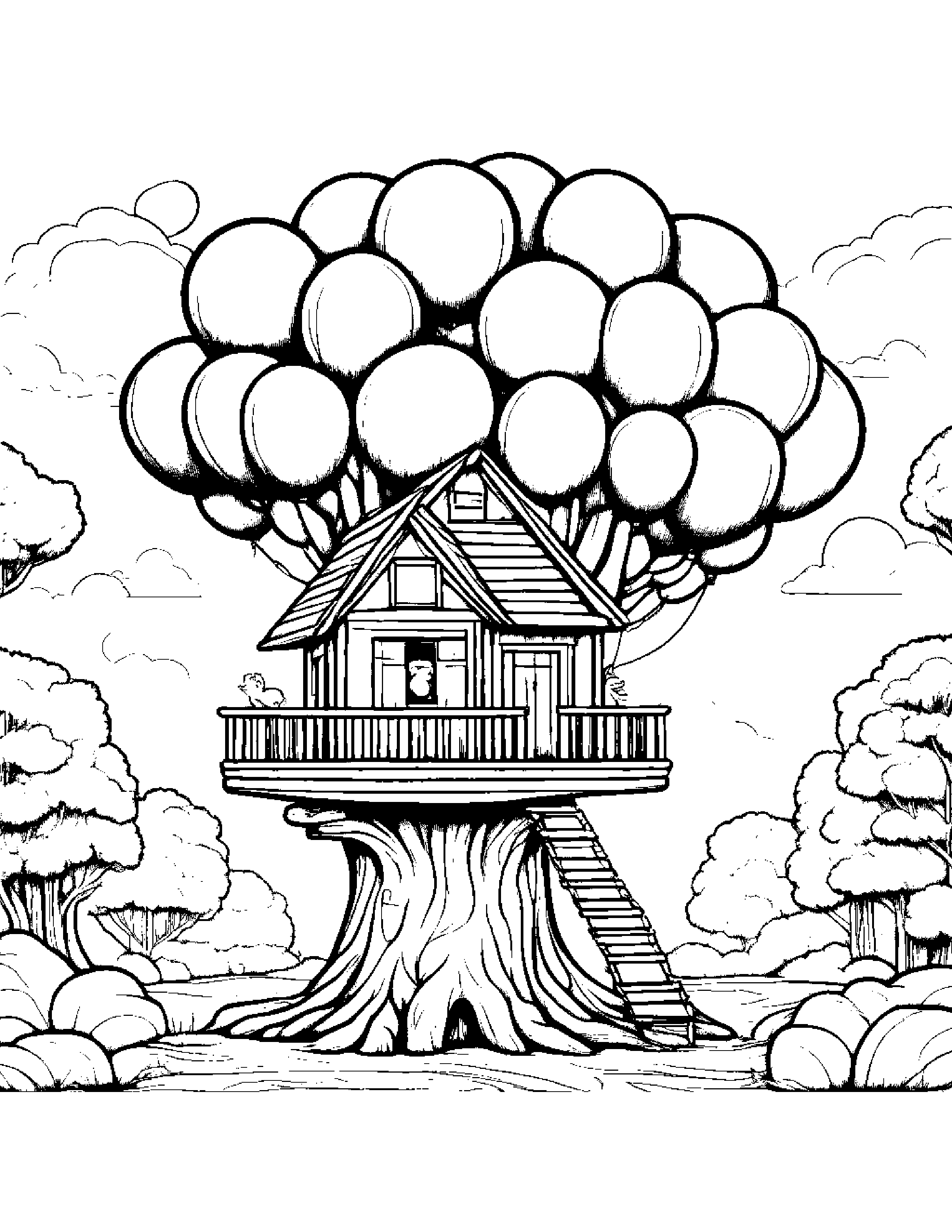 Treehouse With Balloon #4 Coloring Page (Free Printable PDF)