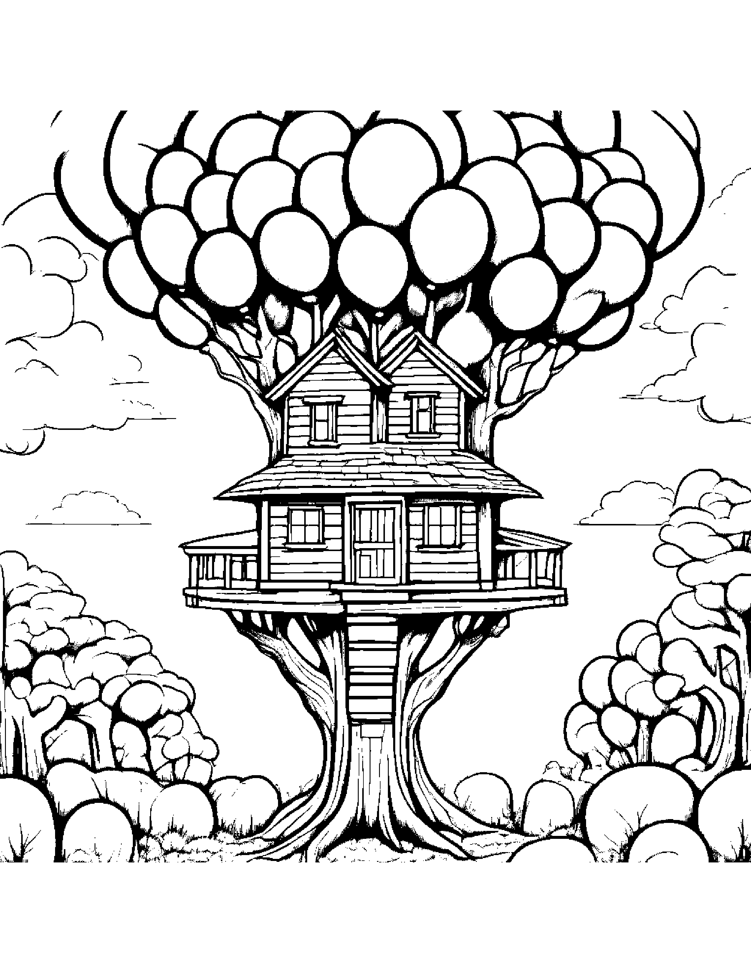 Treehouse With Balloon Coloring Page (Free Printable PDF)