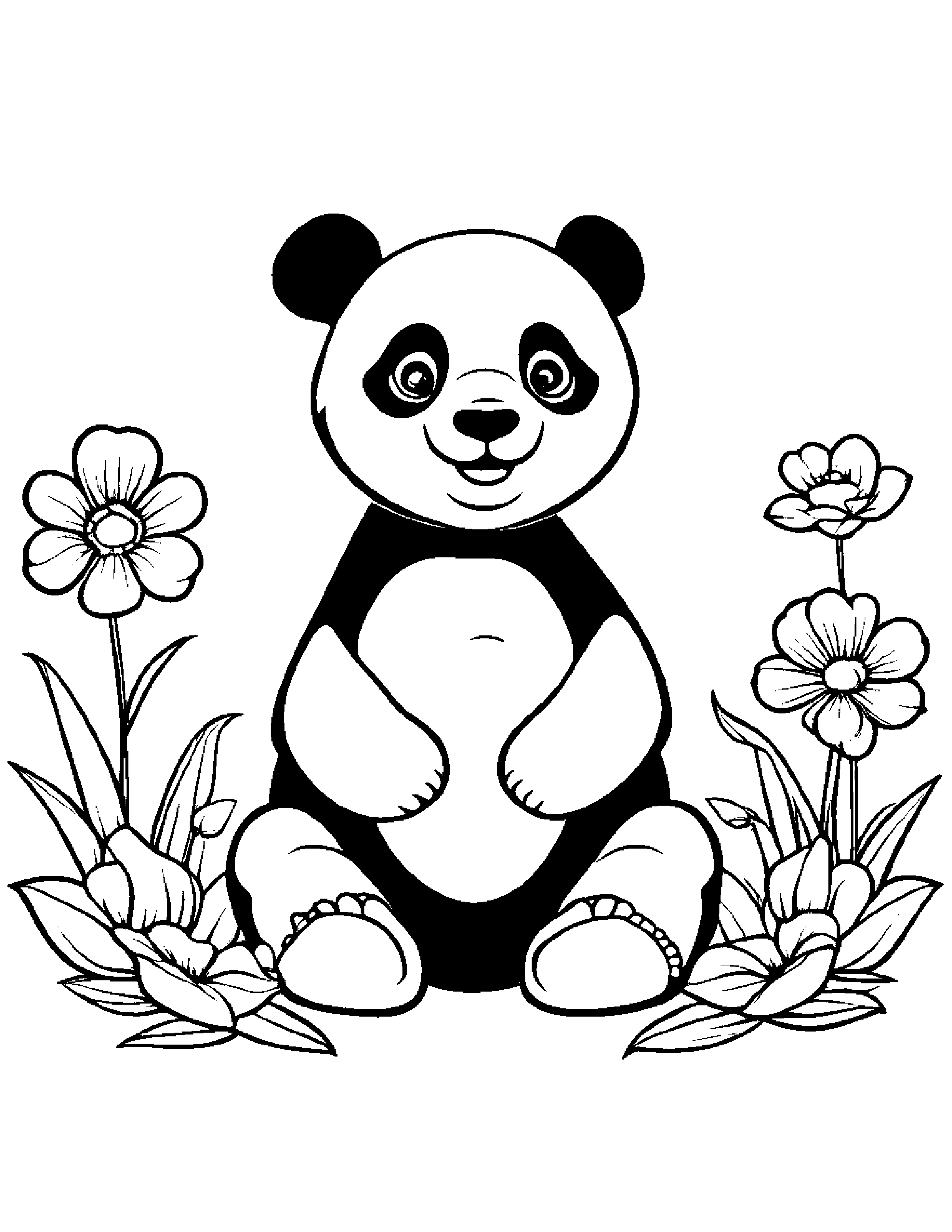 Happy Panda With A Flower #2 Coloring Page (Free Printable PDF)
