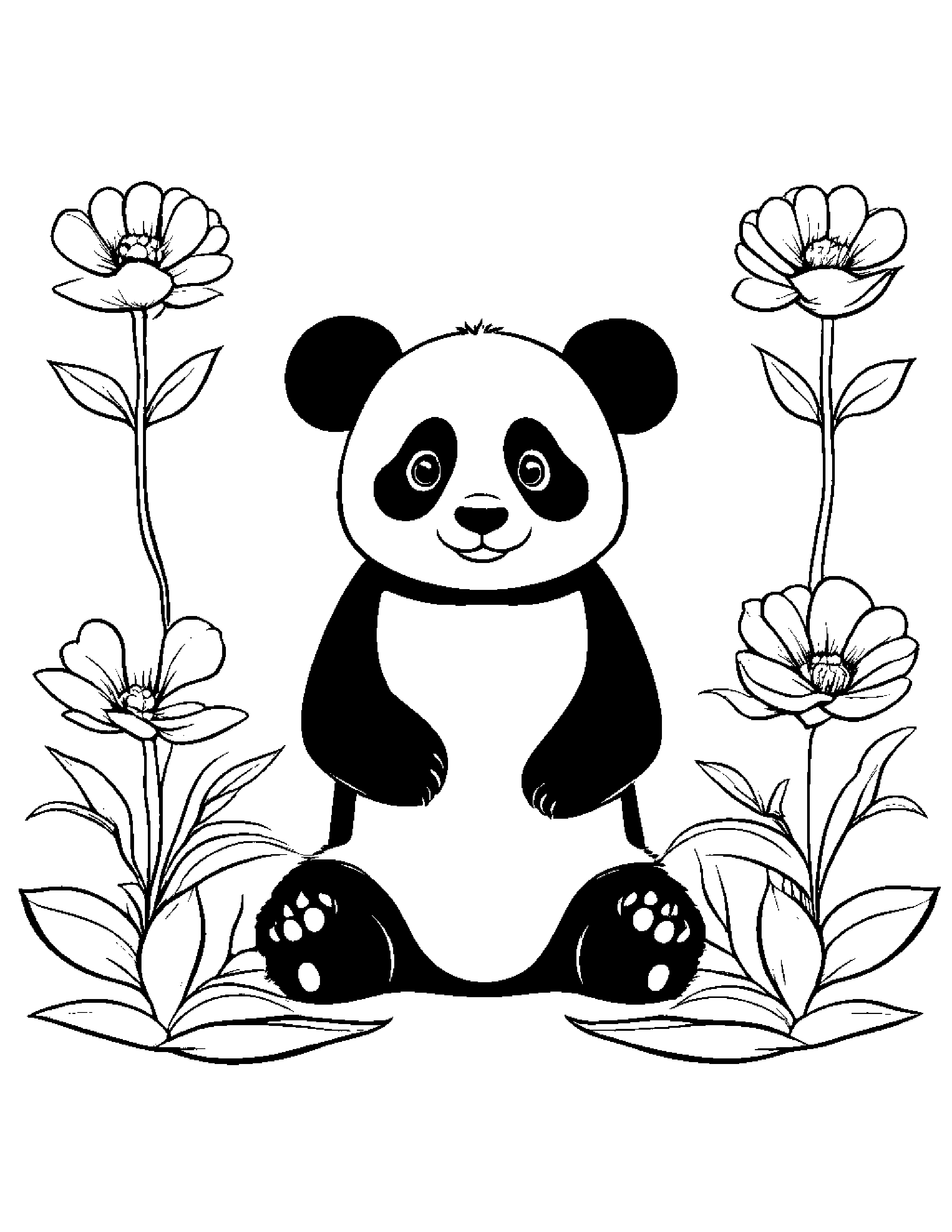 Happy Panda With A Flower Coloring Page (Free Printable PDF)