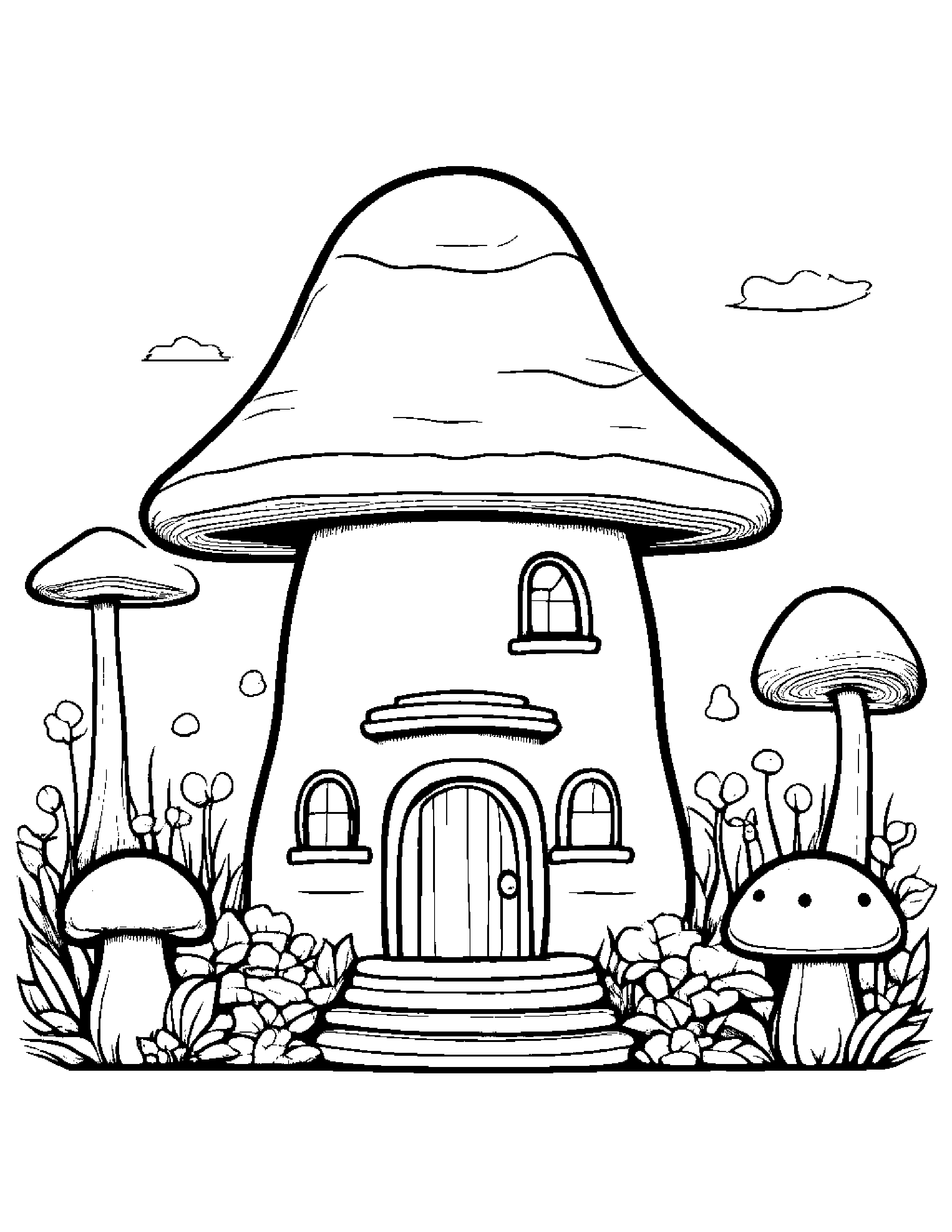 Kawaii Mushroom House #2 Coloring Page (Free Printable PDF)