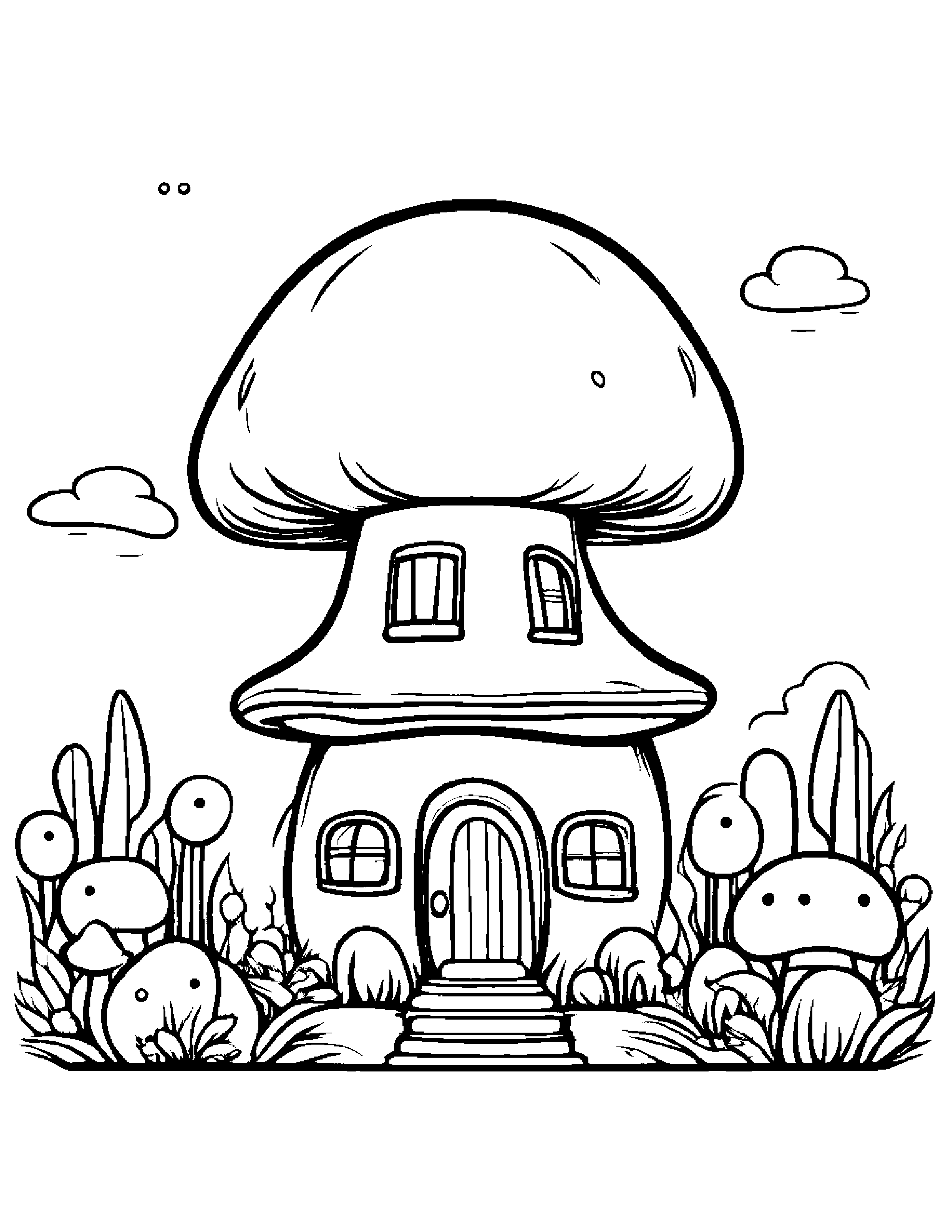 Kawaii Mushroom House With Balloon #2 Coloring Page (Free Printable PDF)