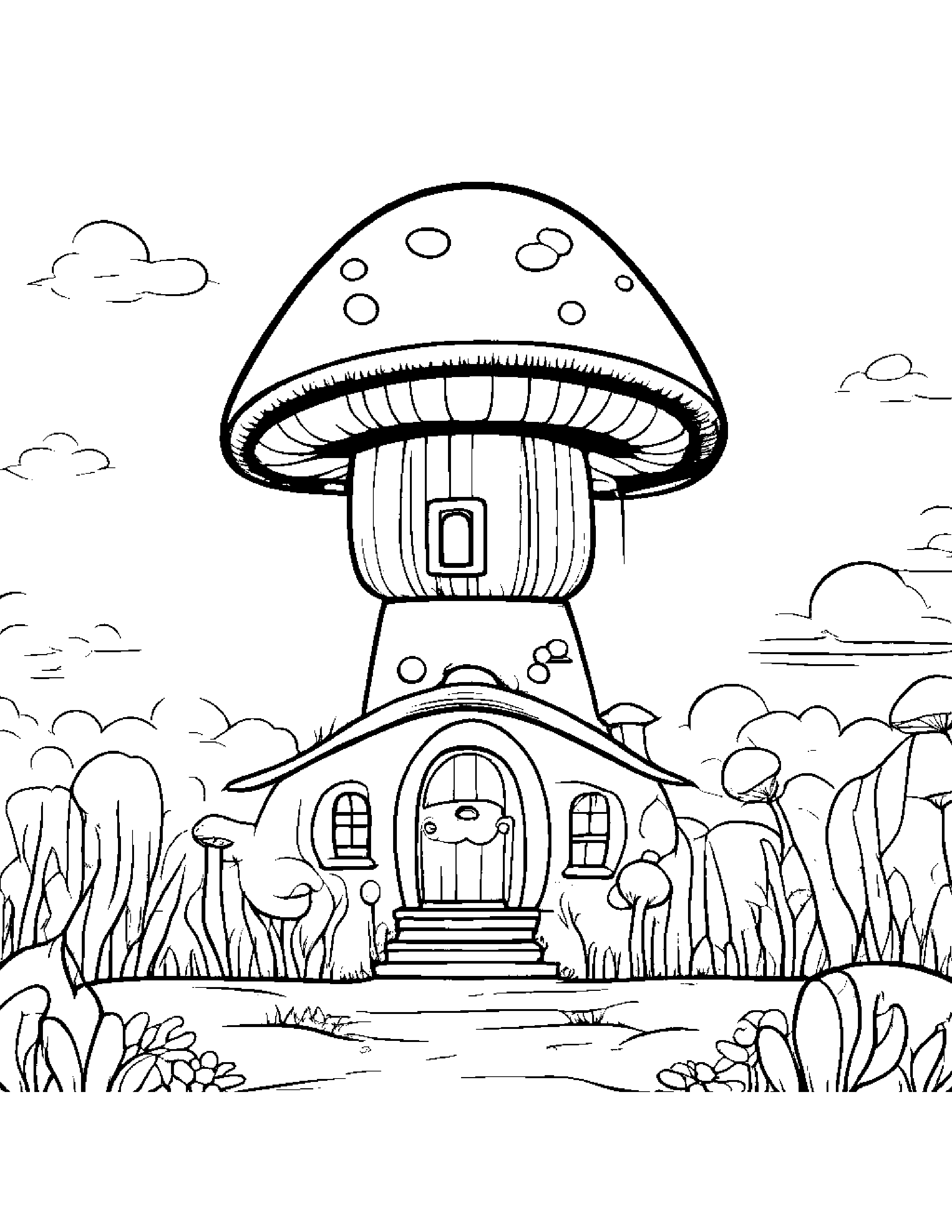 Kawaii Mushroom House With Balloon Coloring Page (Free Printable PDF)