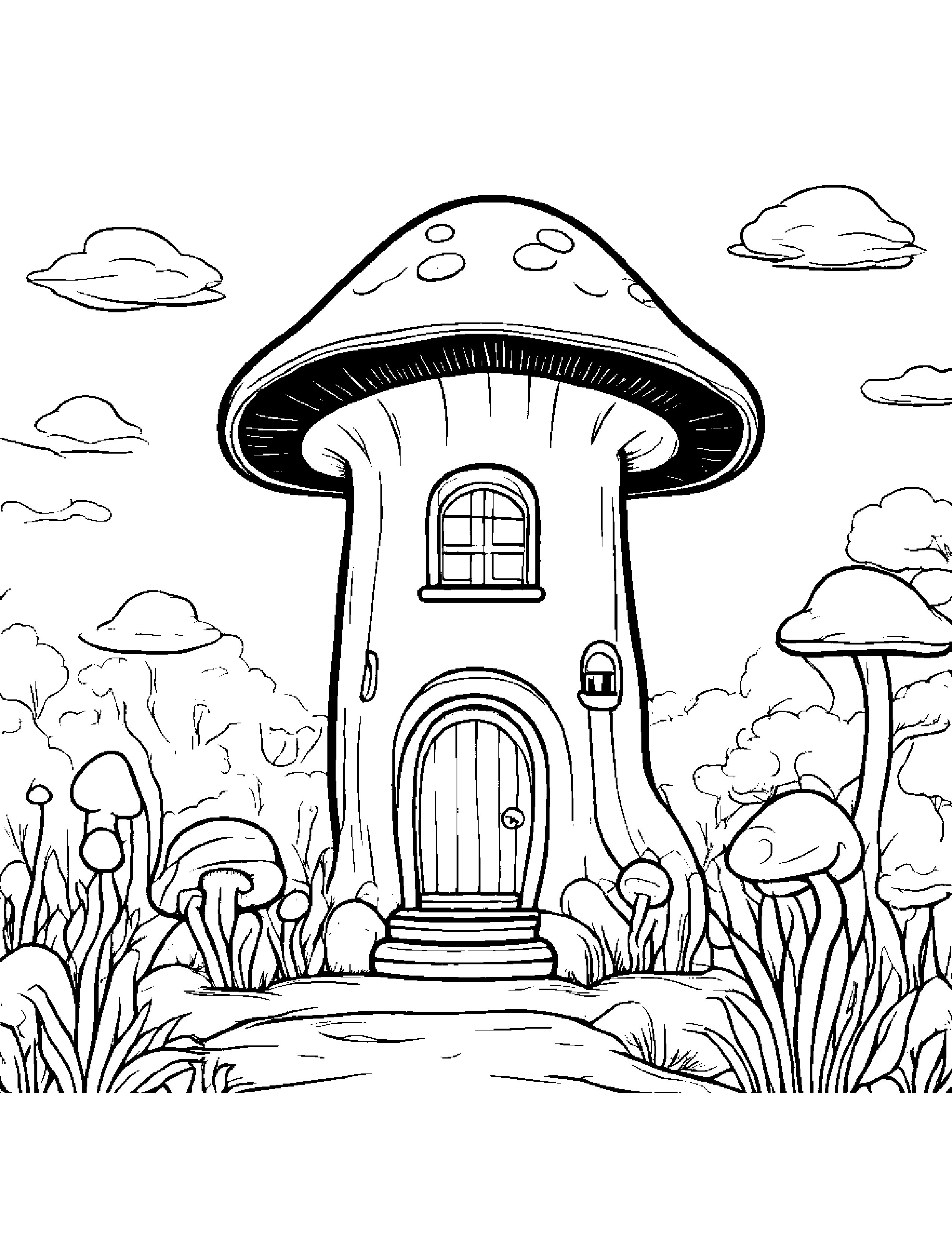 Kawaii Mushroom House Coloring Page (Free Printable PDF)