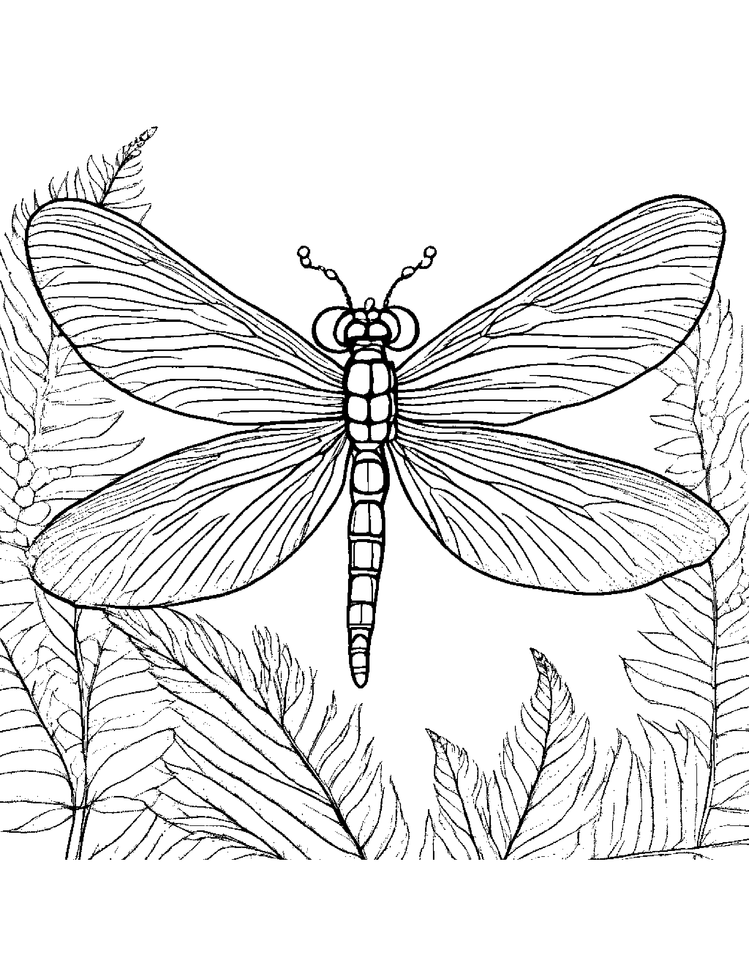 A Dragonfly With Wings Adorned With Sparkling Gems Perched On A Fern Leaf Coloring Page (Free Printable PDF)