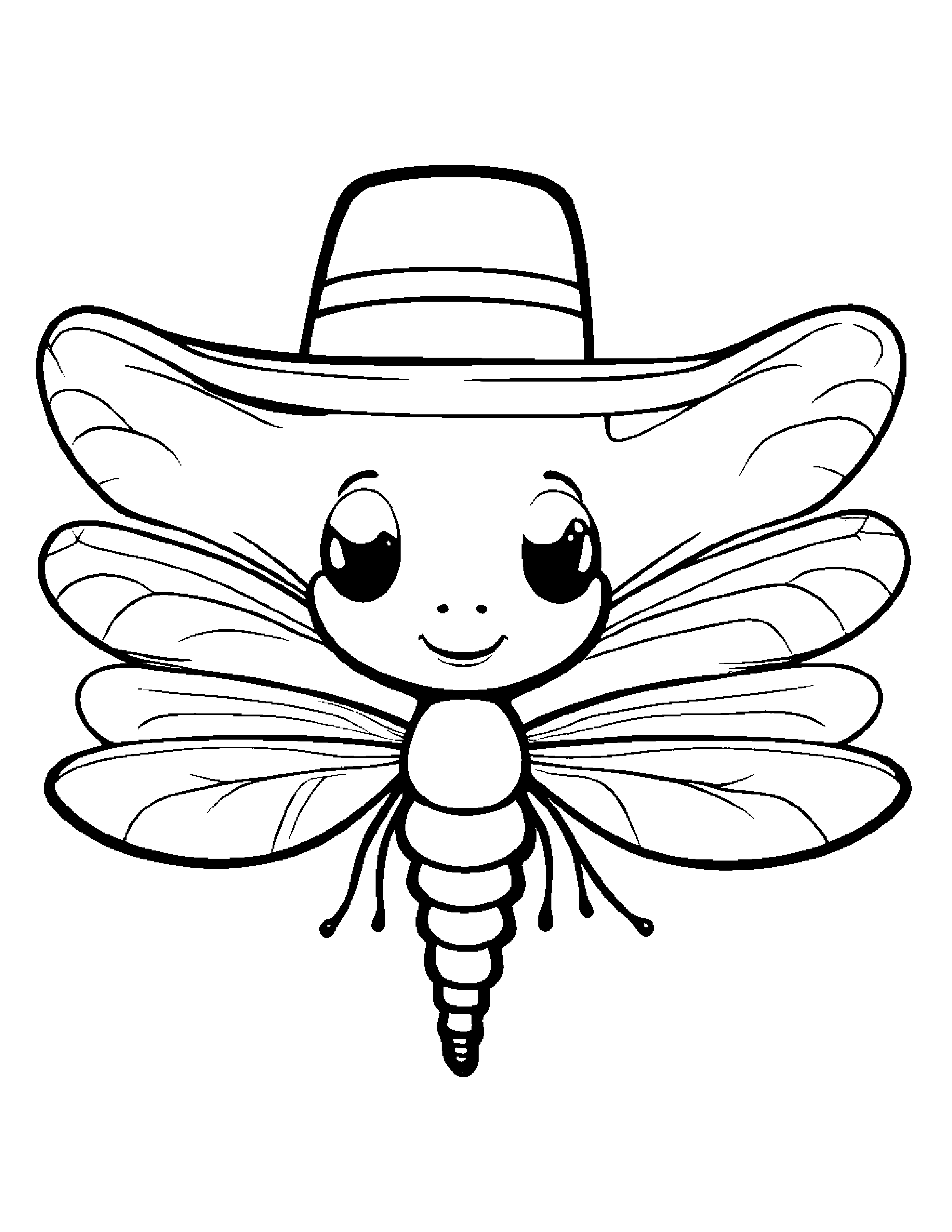 Kawaii Dragonfly Wearing A Hat #2 Coloring Page (Free Printable PDF)