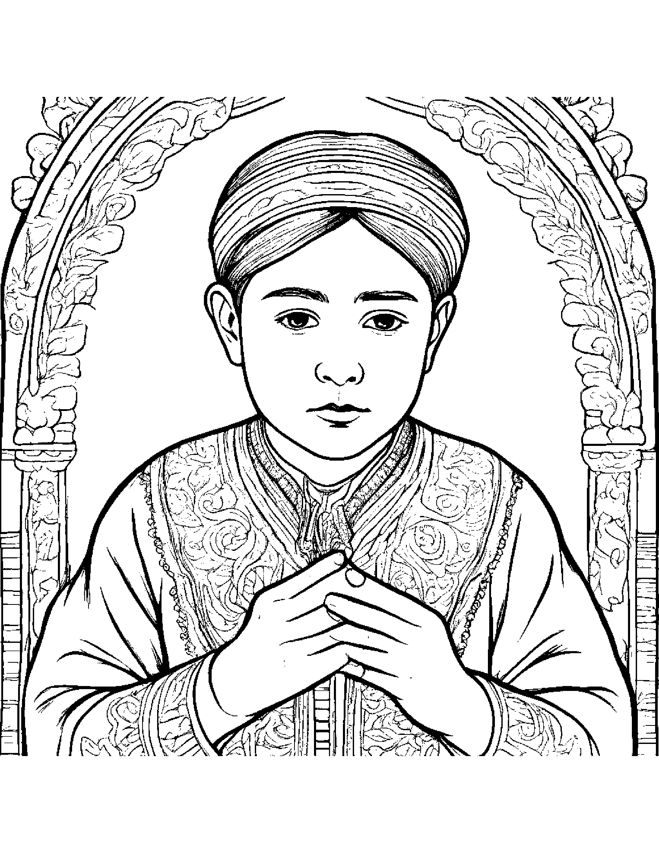 A Boy Playing The Jaw Harp While Wearing Traditional Russian Attire Coloring Page (Free Printable PDF)