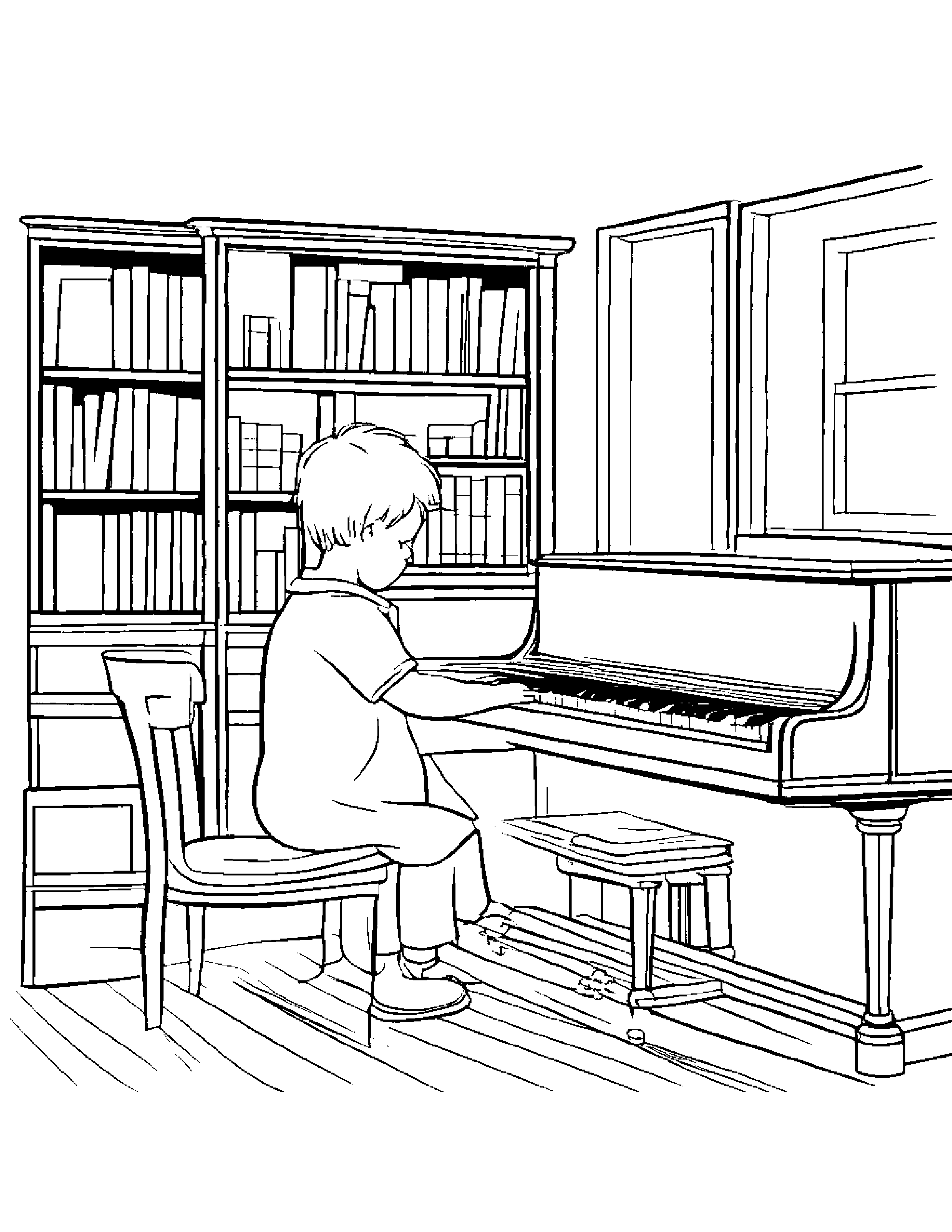 Piano Reading A Book Coloring Page (Free Printable PDF)