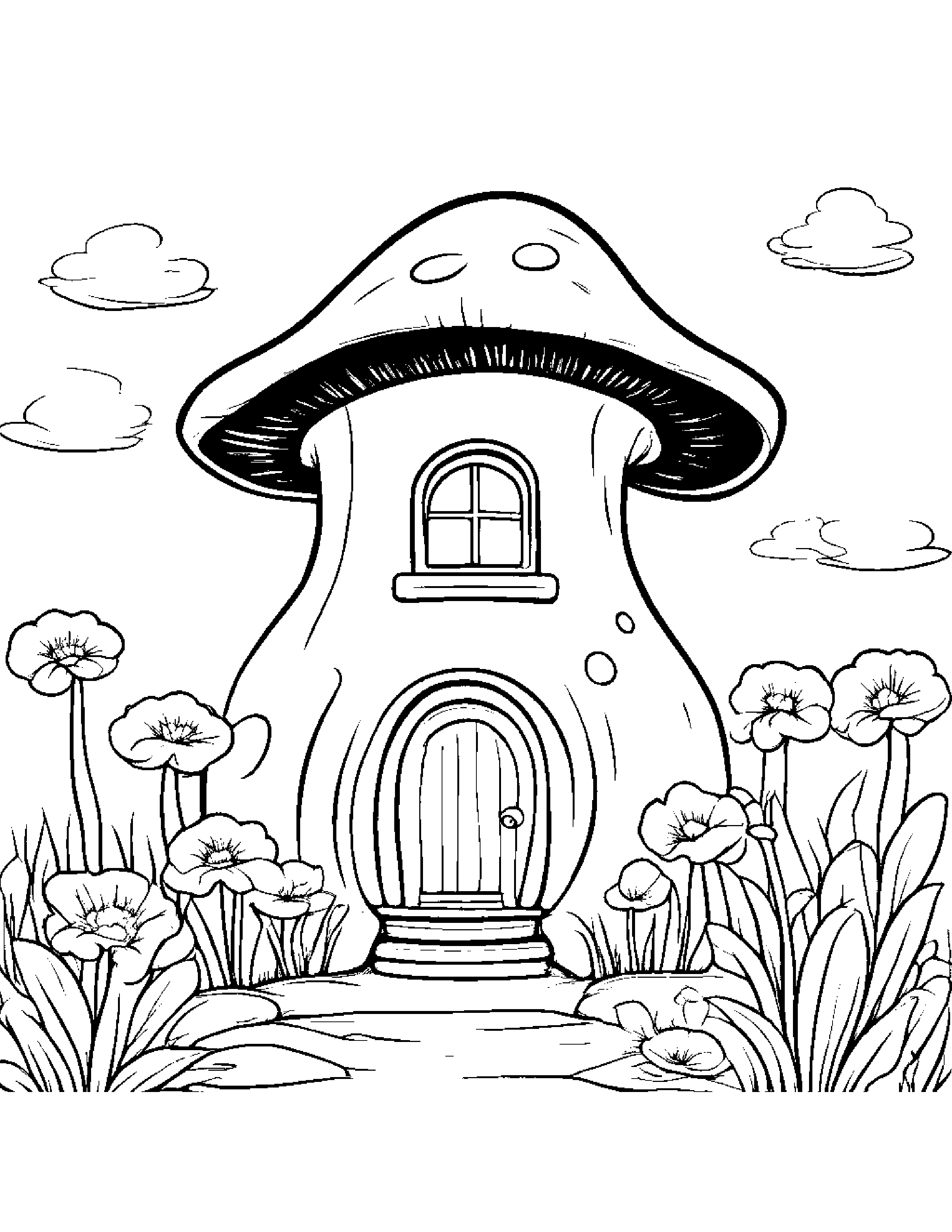Baby Mushroom House With A Flower Coloring Page (Free Printable PDF)
