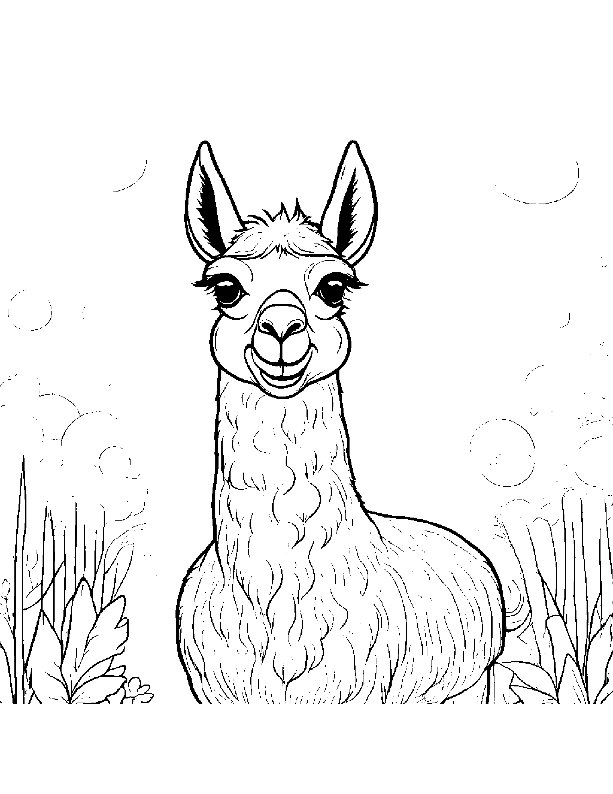 Happy Llama Blowing Bubbles Coloring Page (Free Printable PDF)
