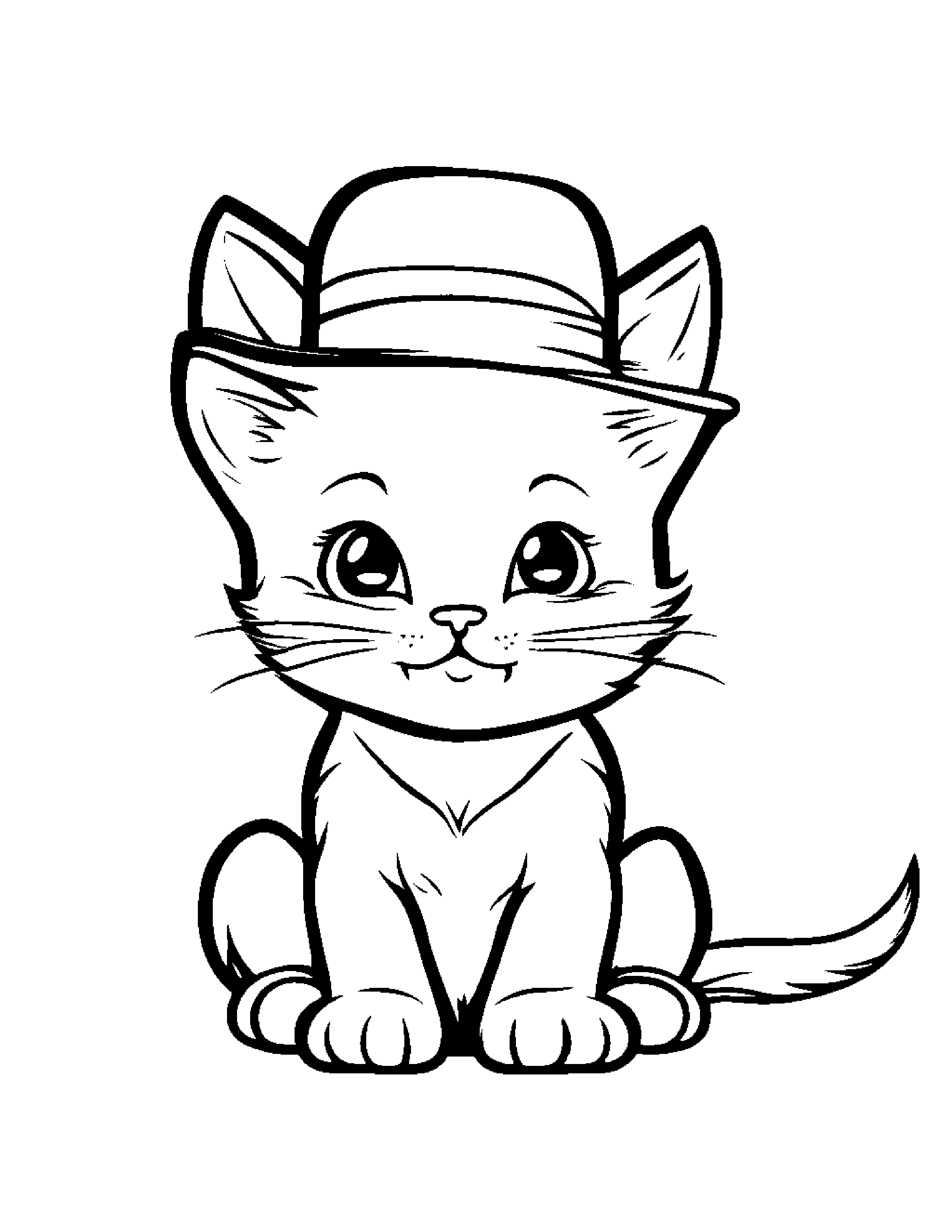 Smiling Kitten Wearing A Hat #2 Coloring Page (Free Printable PDF)