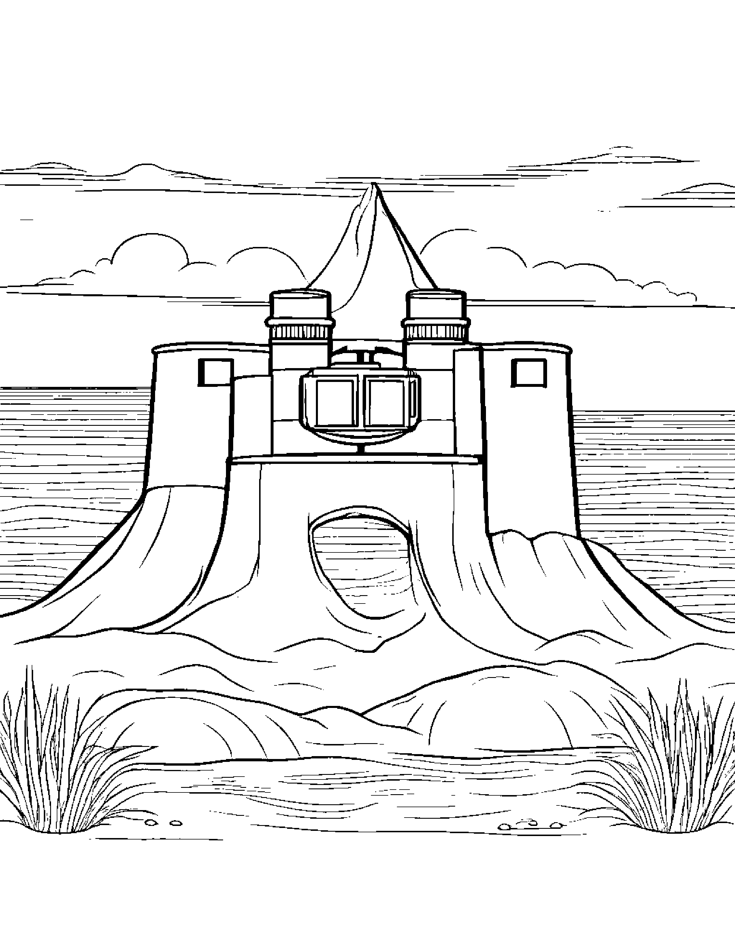 Binoculars Building A Sandcastle Coloring Page (Free Printable PDF)