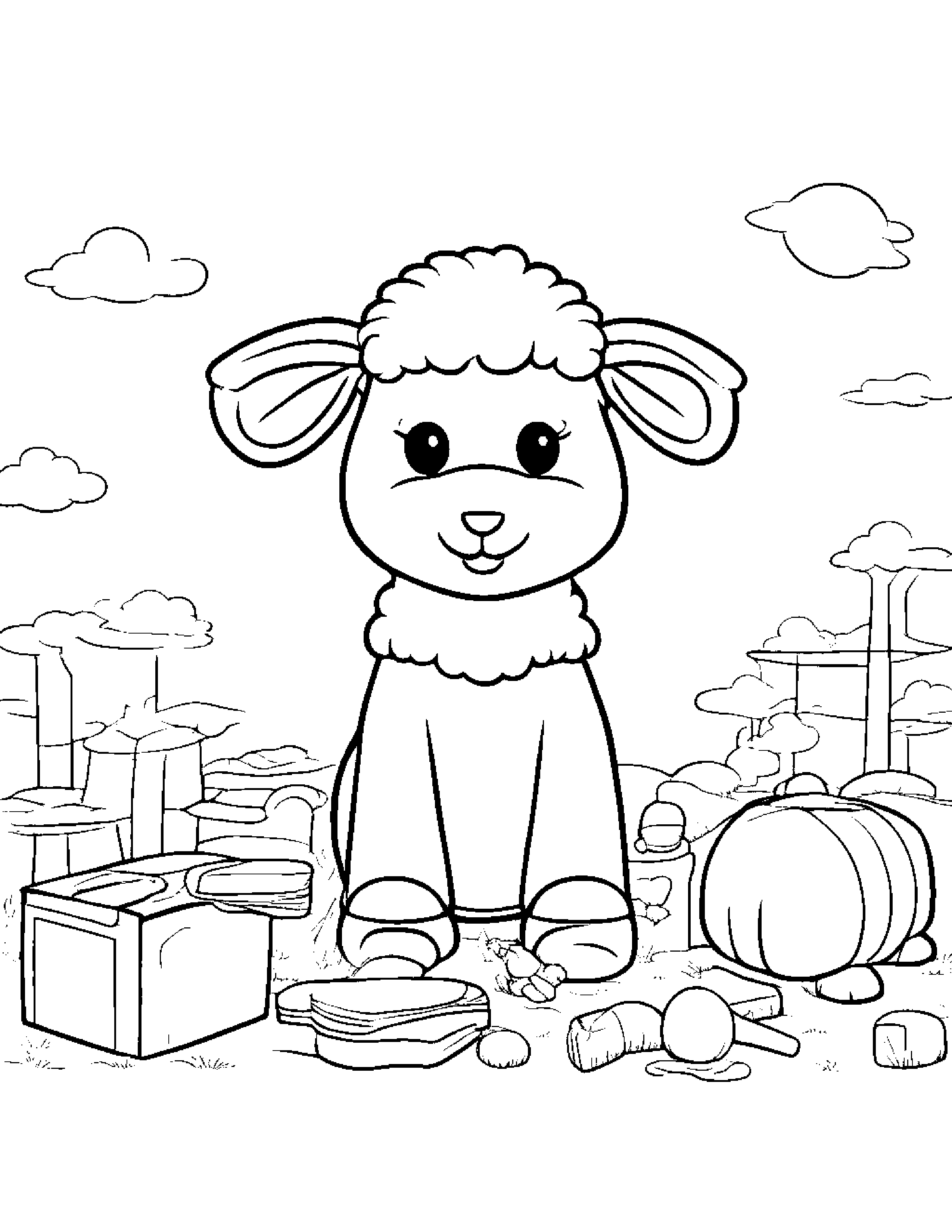 Bright Lamb Tidying Toys Coloring Page (Free Printable PDF)