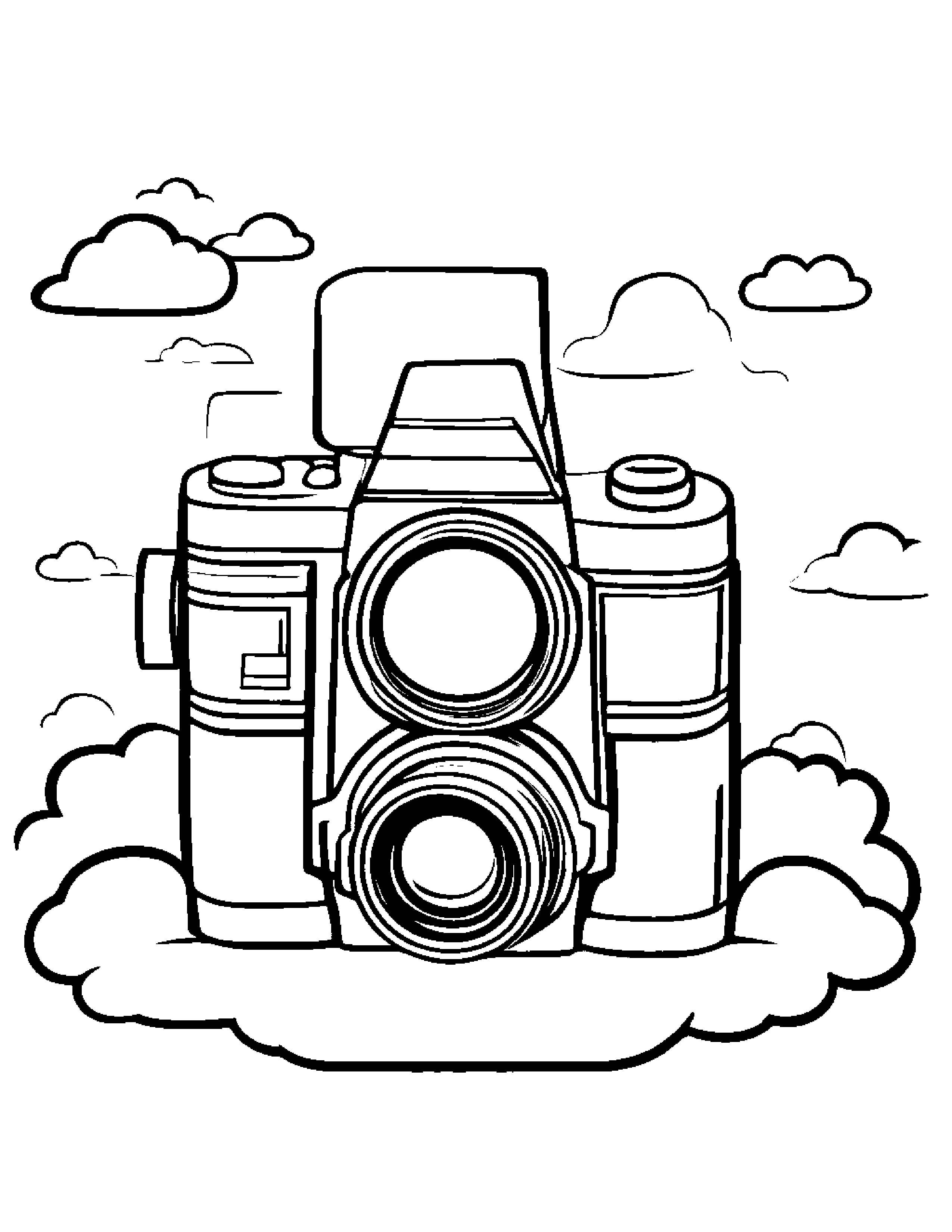 Camera Toy Stacking Blocks On A Fluffy Cloud Coloring Page (Free Printable PDF)