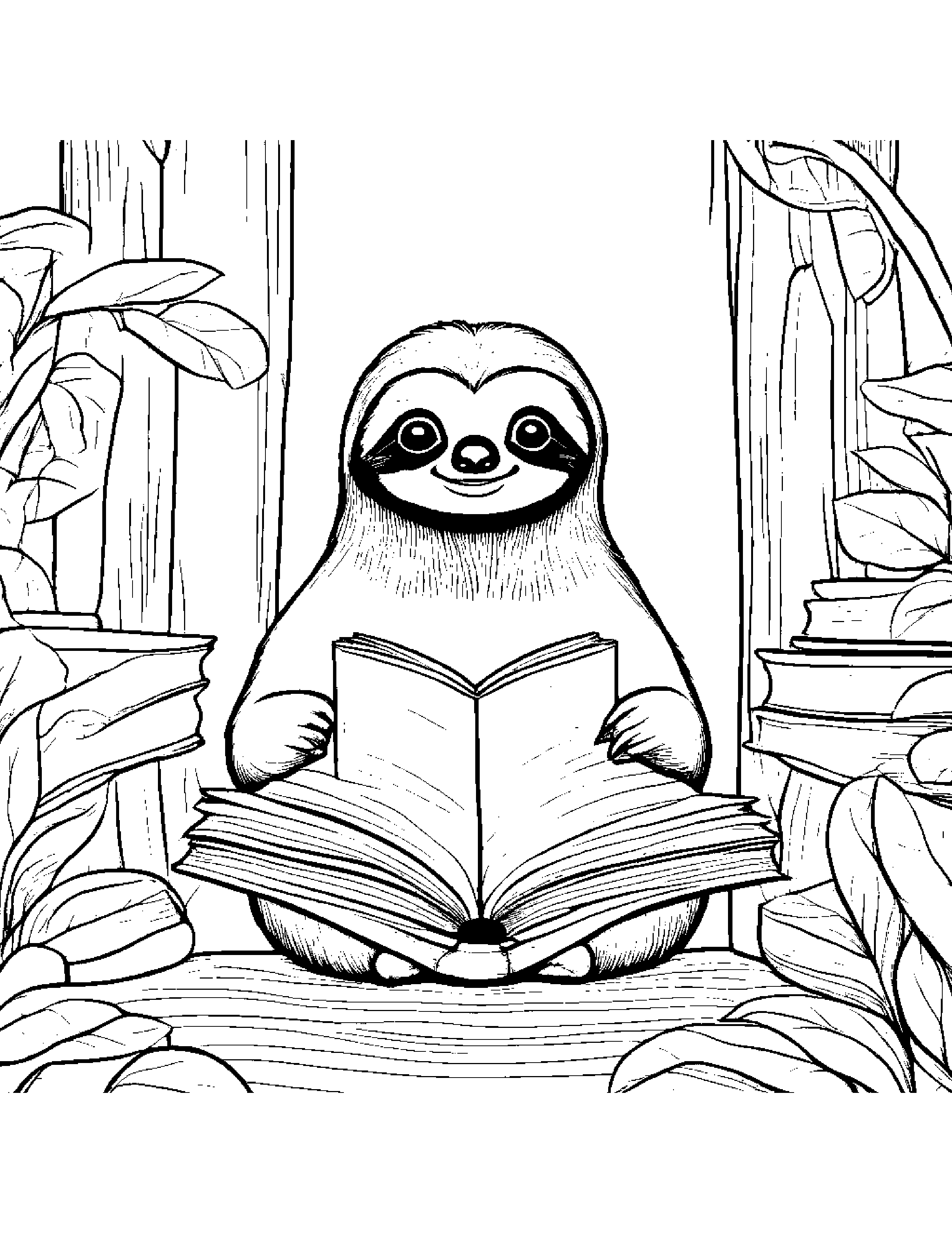 Cozy Sloth Reading A Storybook #2 Coloring Page (Free Printable PDF)