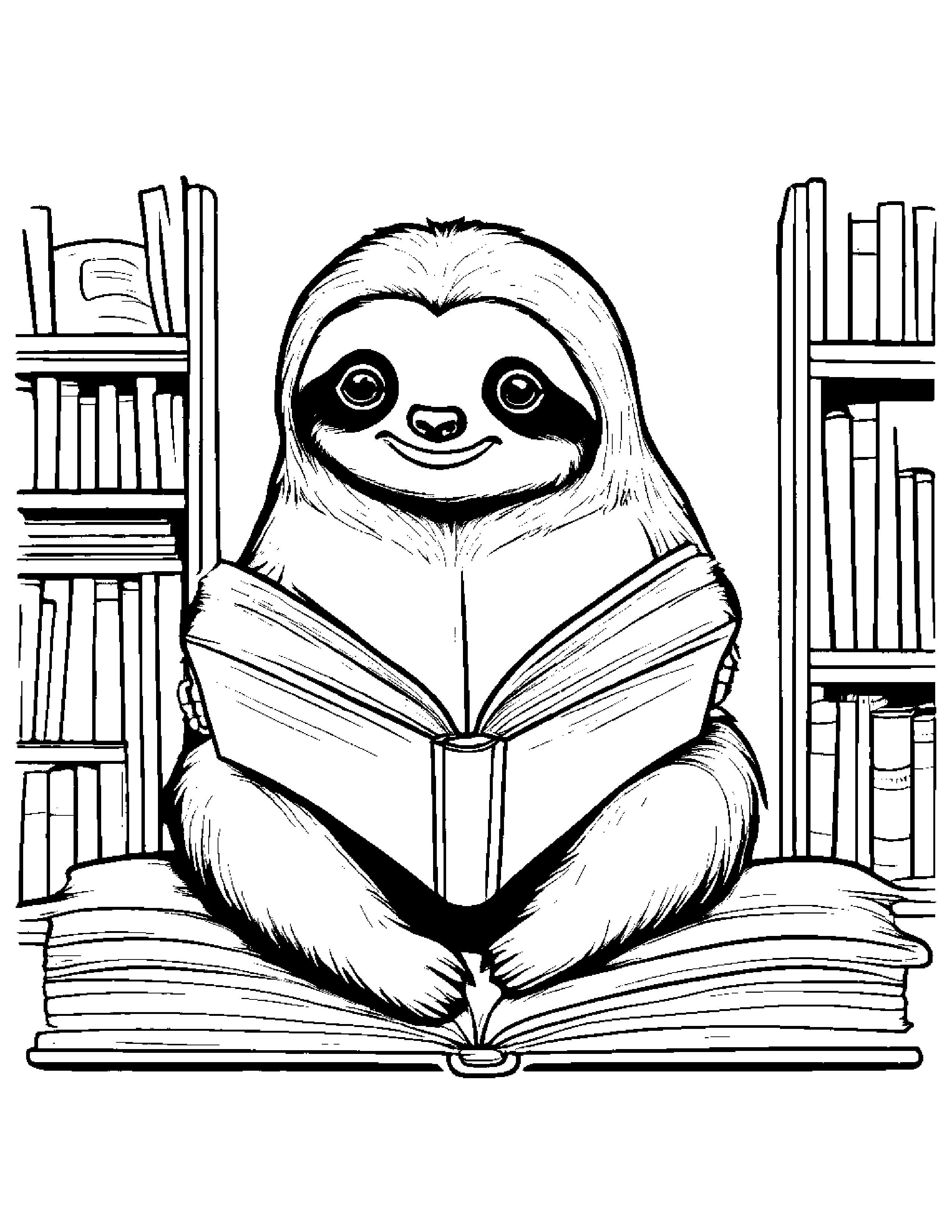 Cozy Sloth Reading A Storybook Coloring Page (Free Printable PDF)