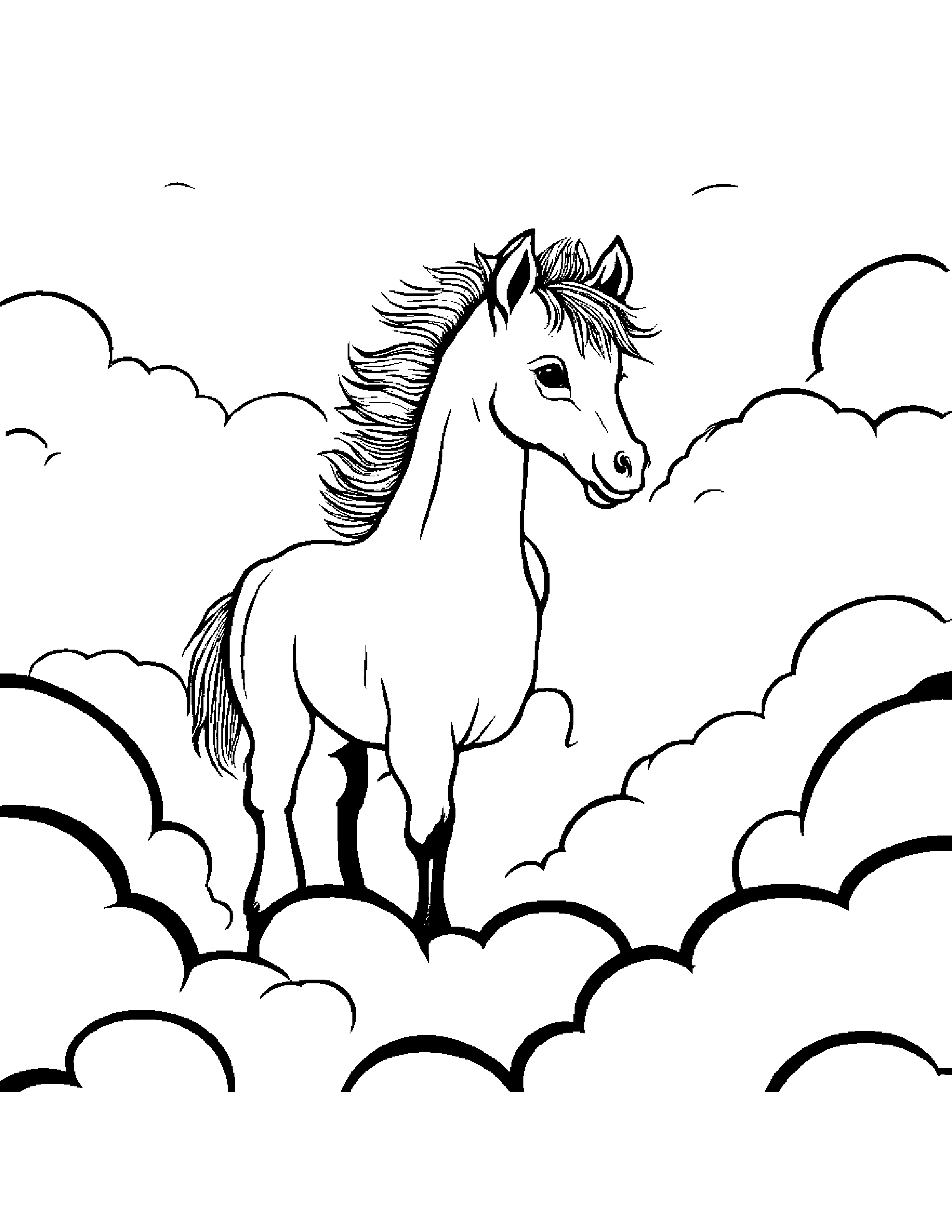 Curious Foal On A Fluffy Cloud Coloring Page (Free Printable PDF)