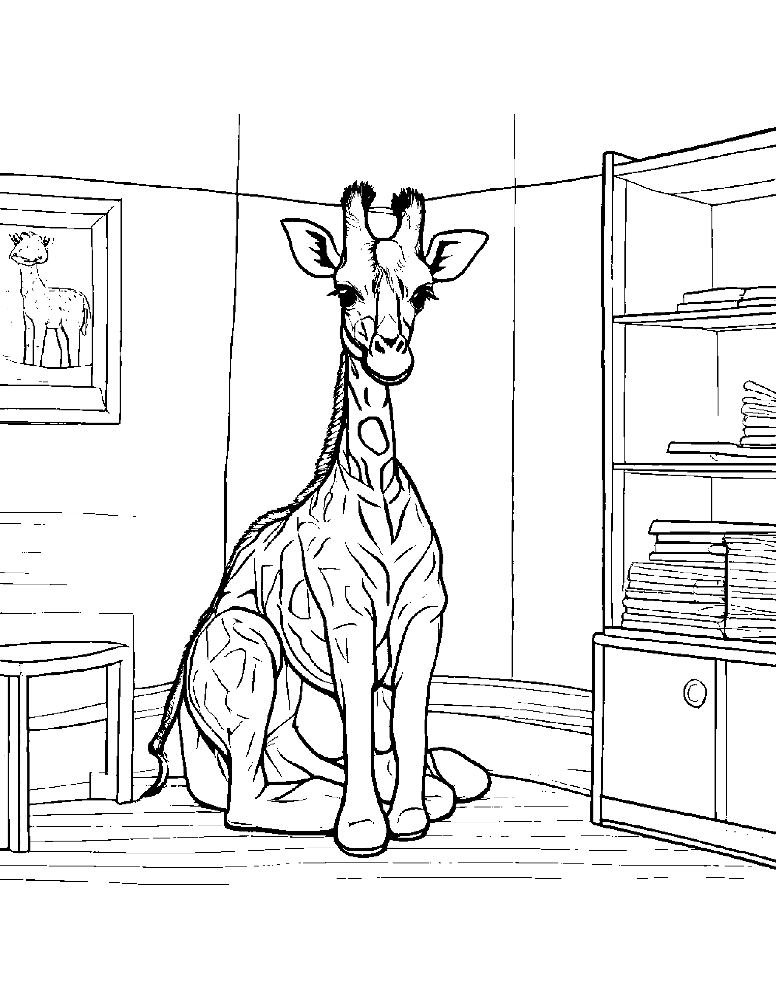 Giraffe Calf Sharing In A Classroom Corner #2 Coloring Page (Free Printable PDF)