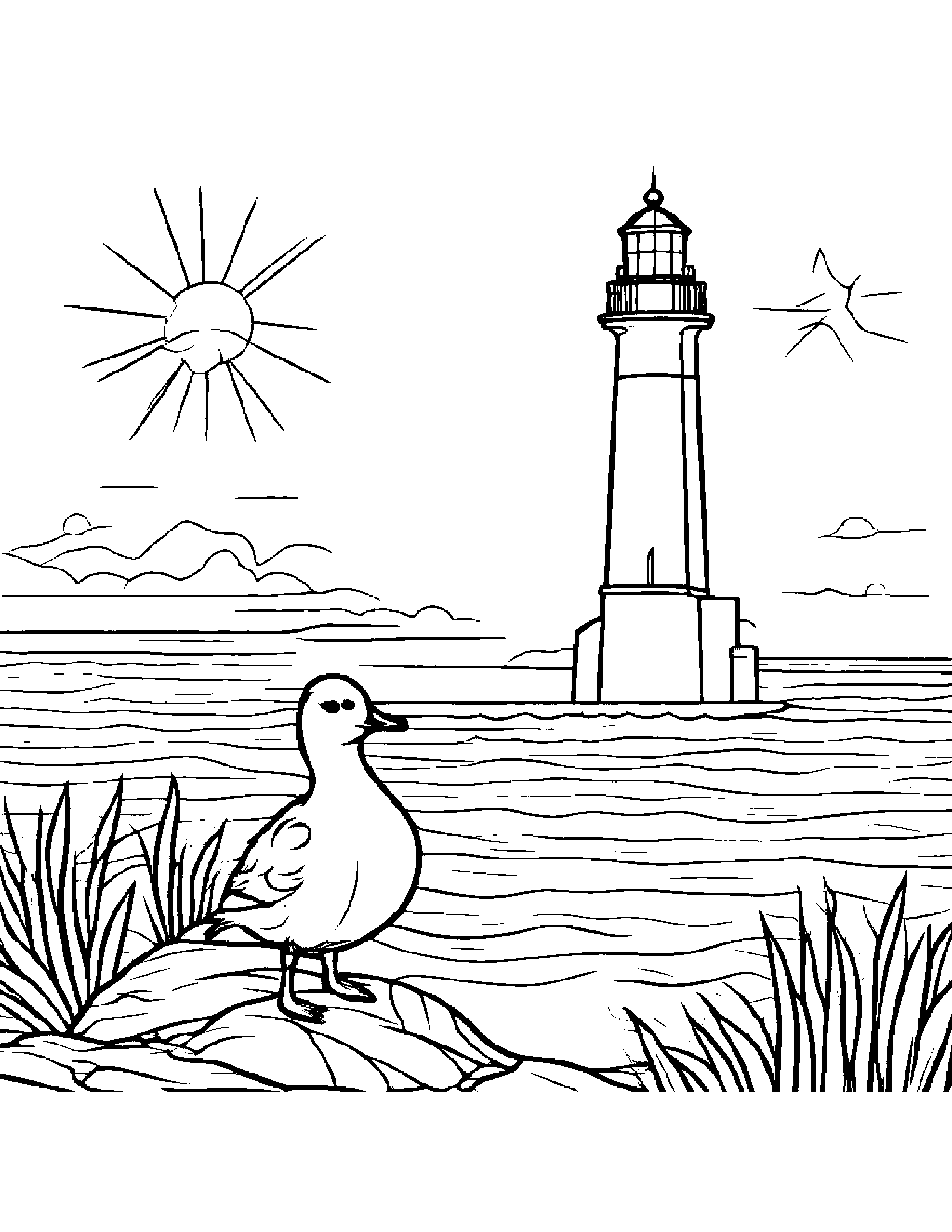 Gosling With A Friendly Star Near A Lighthouse Coloring Page (Free Printable PDF)