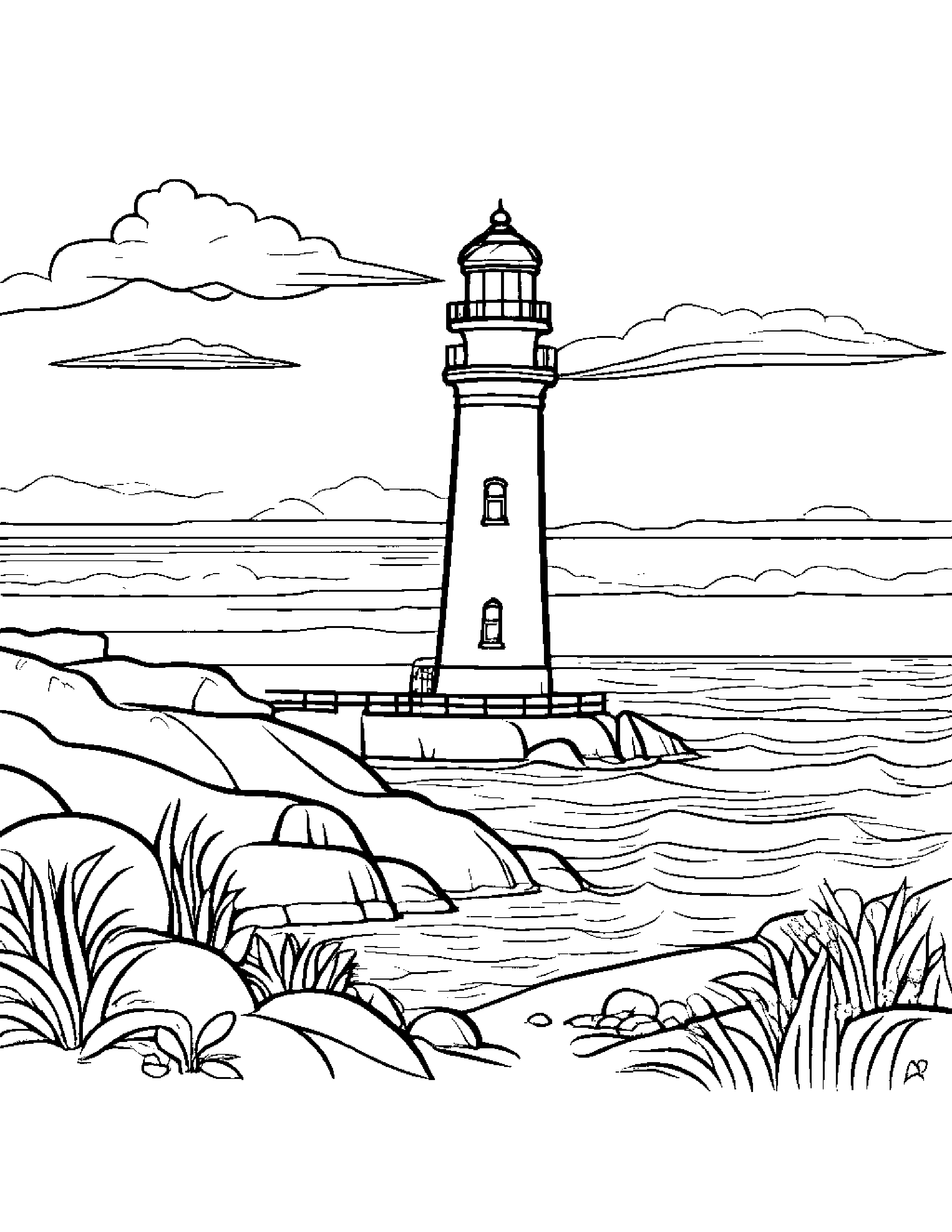Happy Lunchbox Near A Lighthouse Coloring Page (Free Printable PDF)