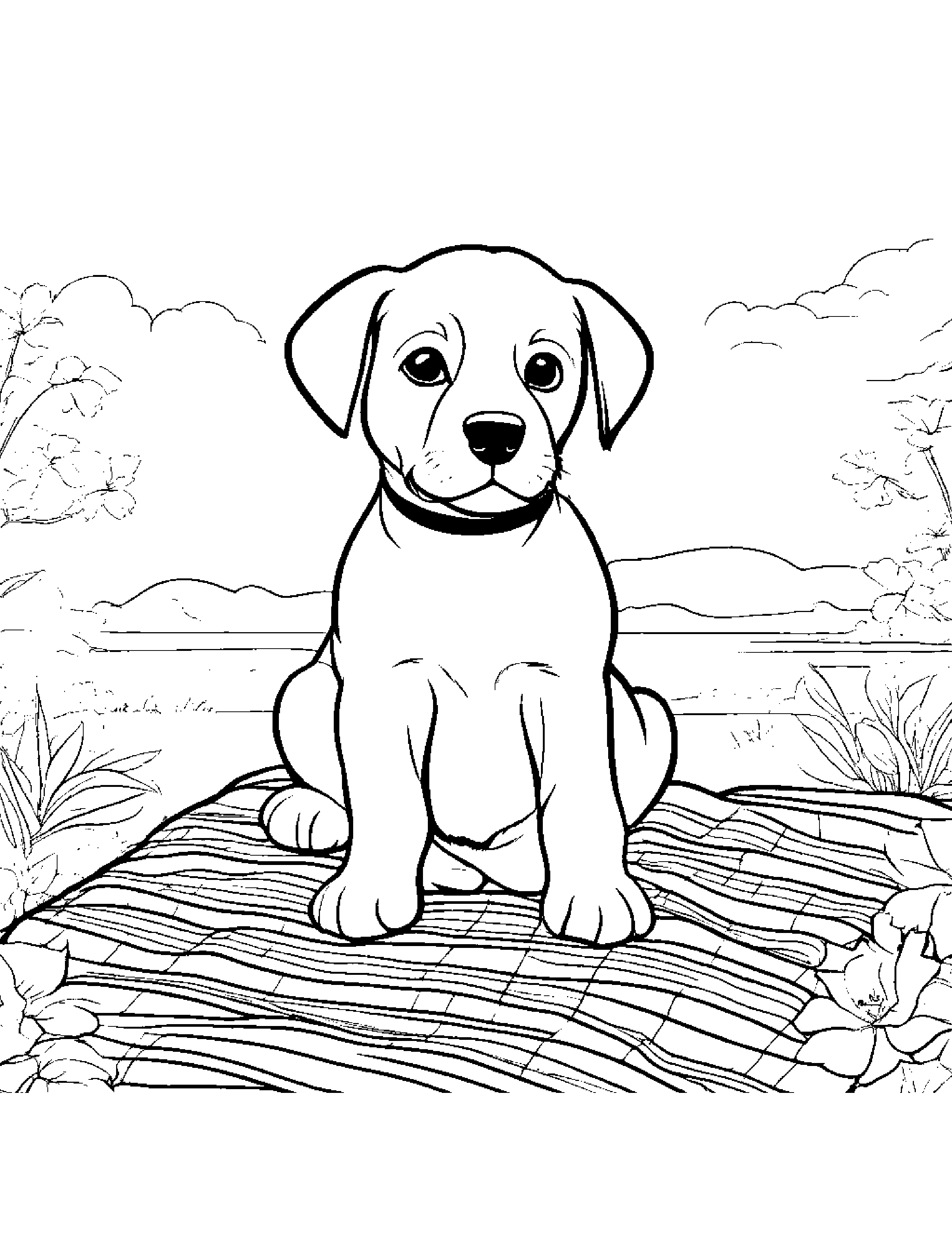 Helpful Puppy Dog On A Picnic Blanket #3 Coloring Page (Free Printable PDF)