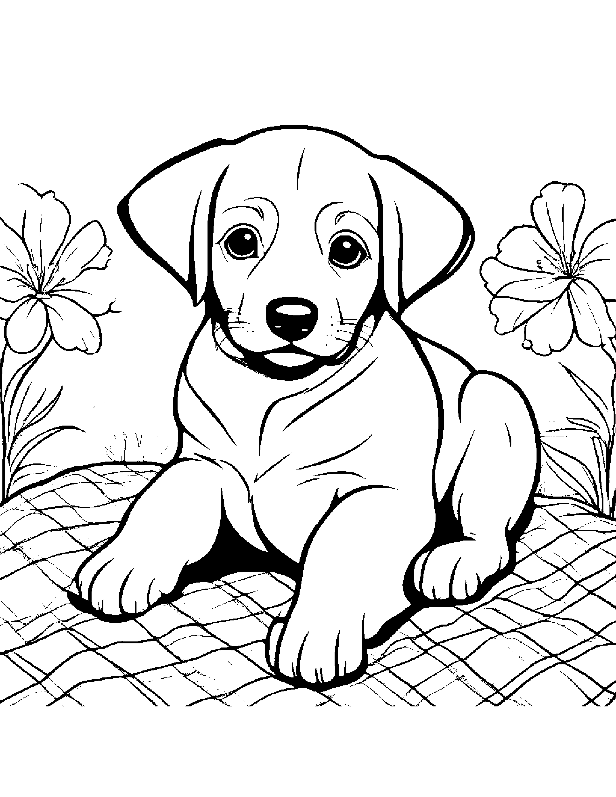 Helpful Puppy Dog On A Picnic Blanket Coloring Page (Free Printable PDF)