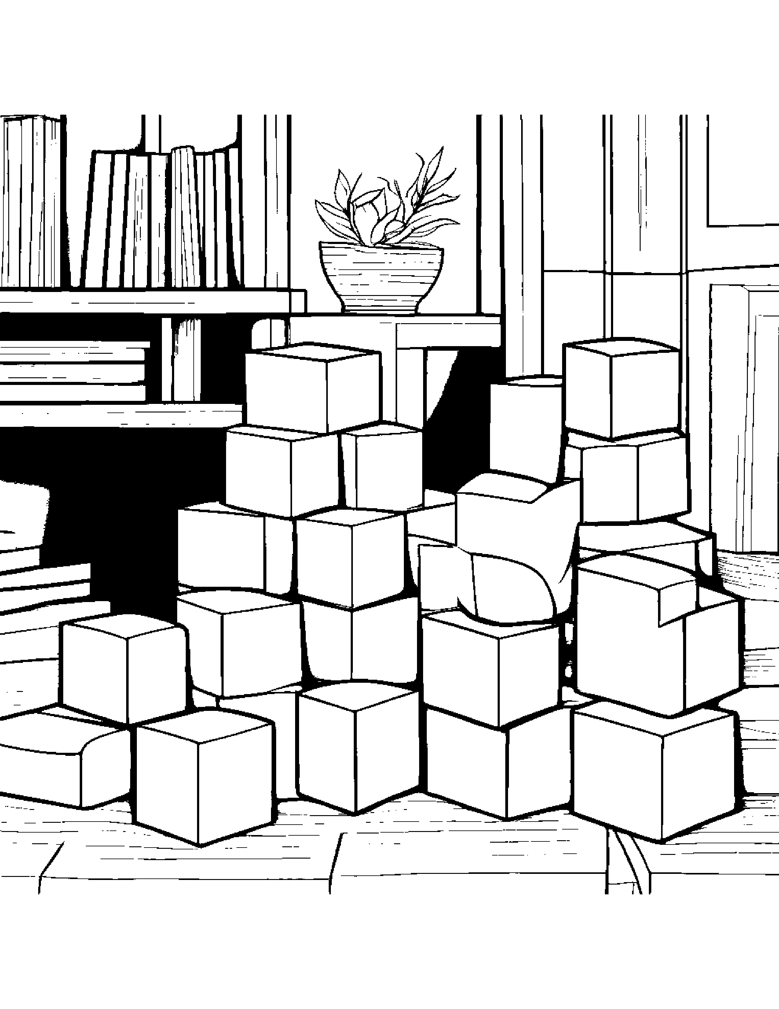 Playful Stack Of Blocks By A Reading Nook #3 Coloring Page (Free Printable PDF)