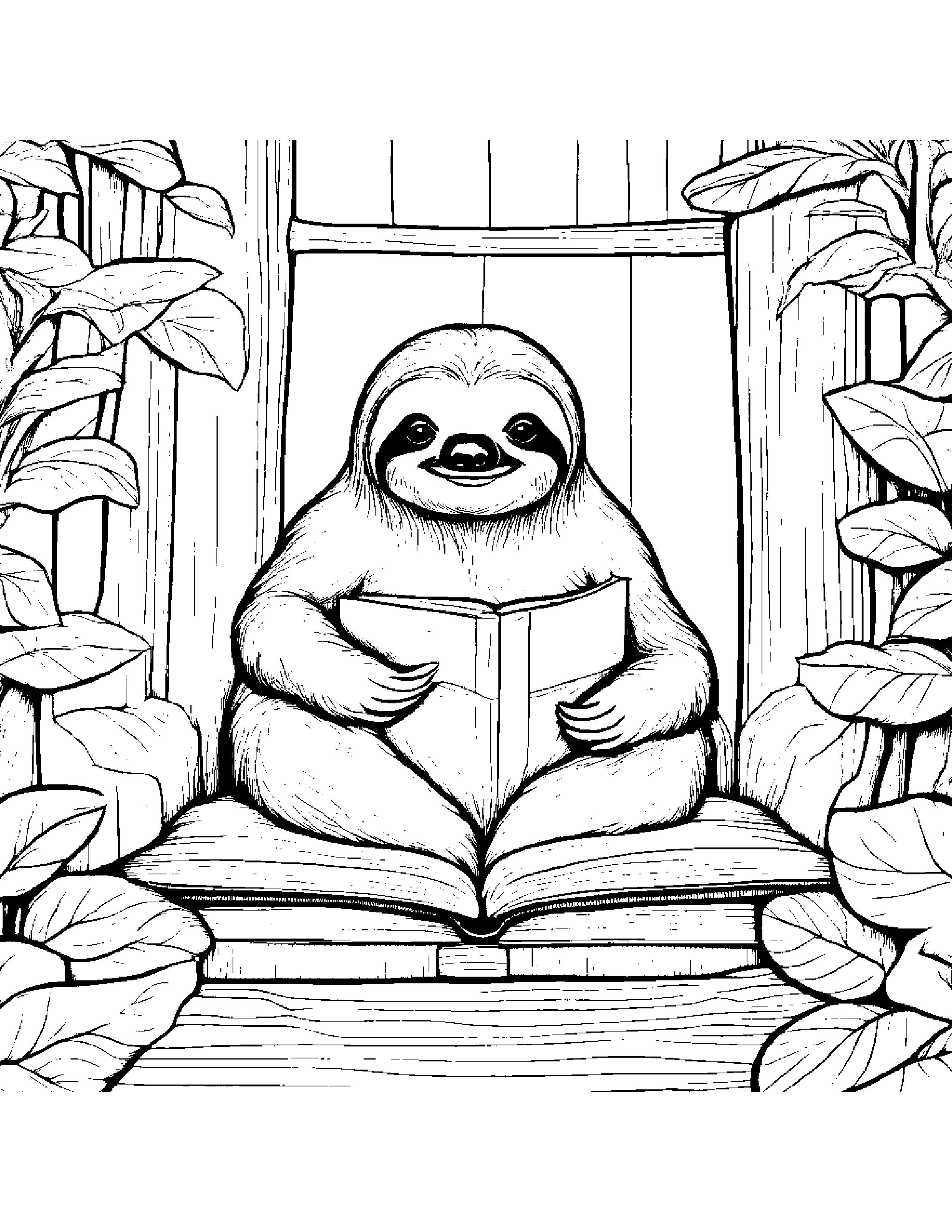 Sloth Sharing By A Reading Nook #3 Coloring Page (Free Printable PDF)