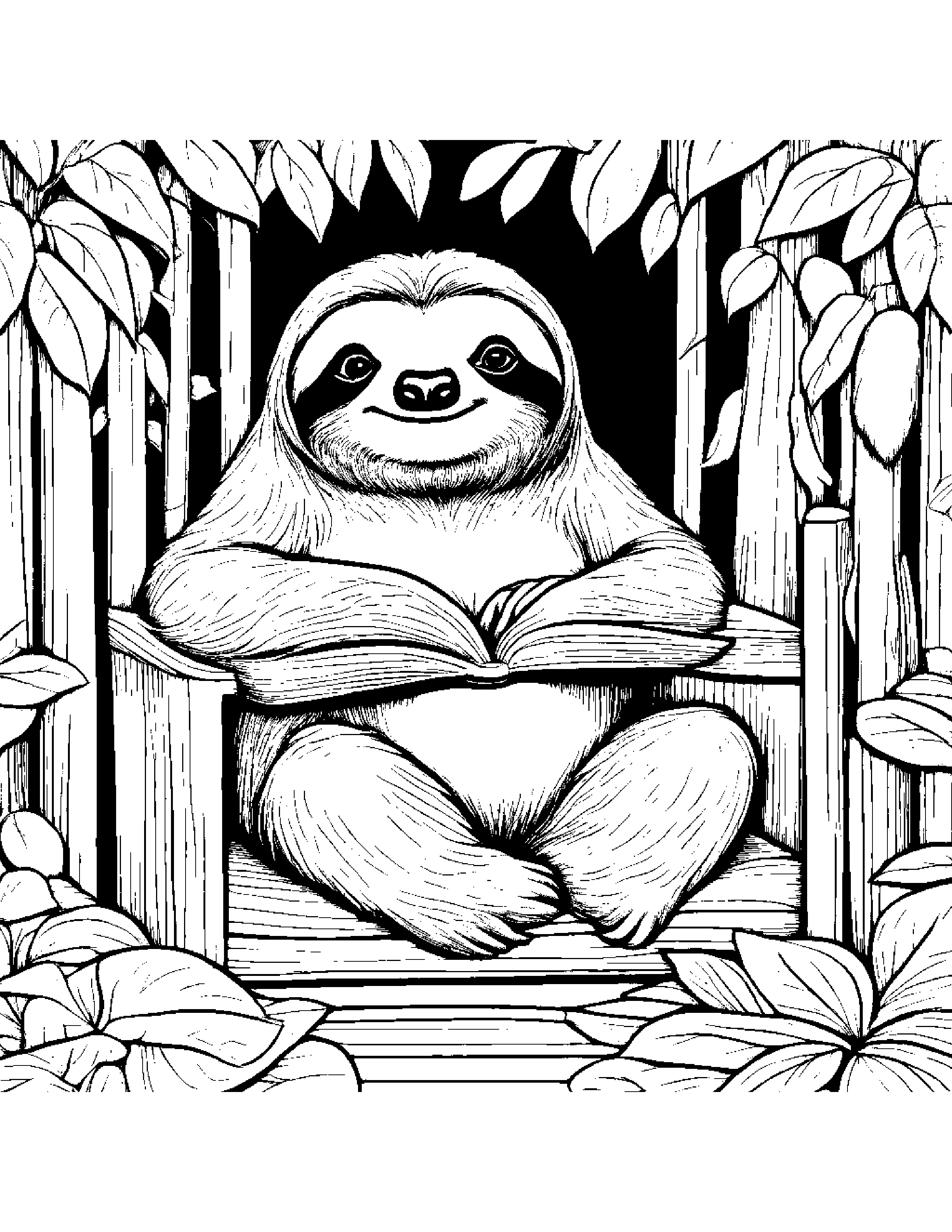 Sloth Sharing By A Reading Nook #5 Coloring Page (Free Printable PDF)