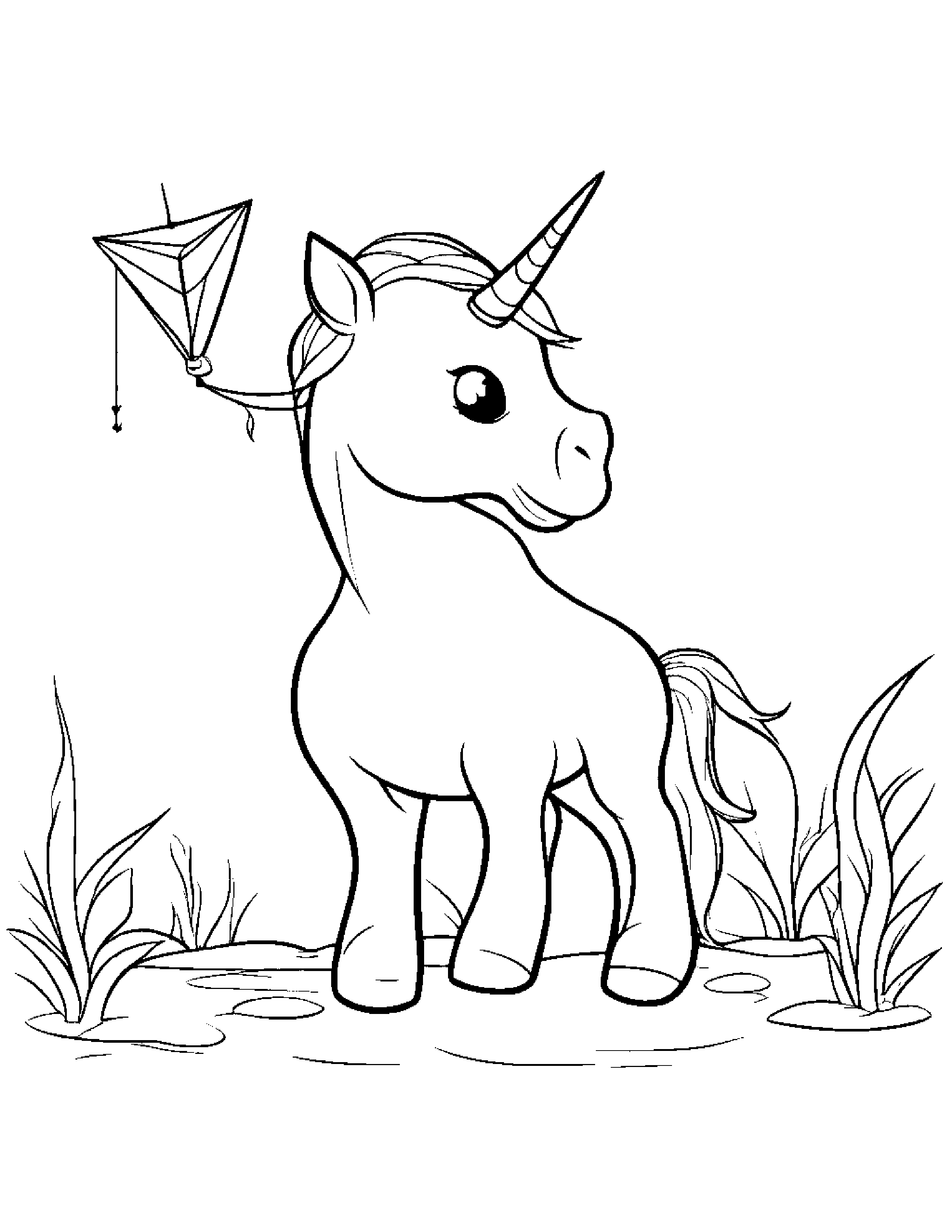 Gentle Unicorn Foal With A Kite #2 Coloring Page (Free Printable PDF)