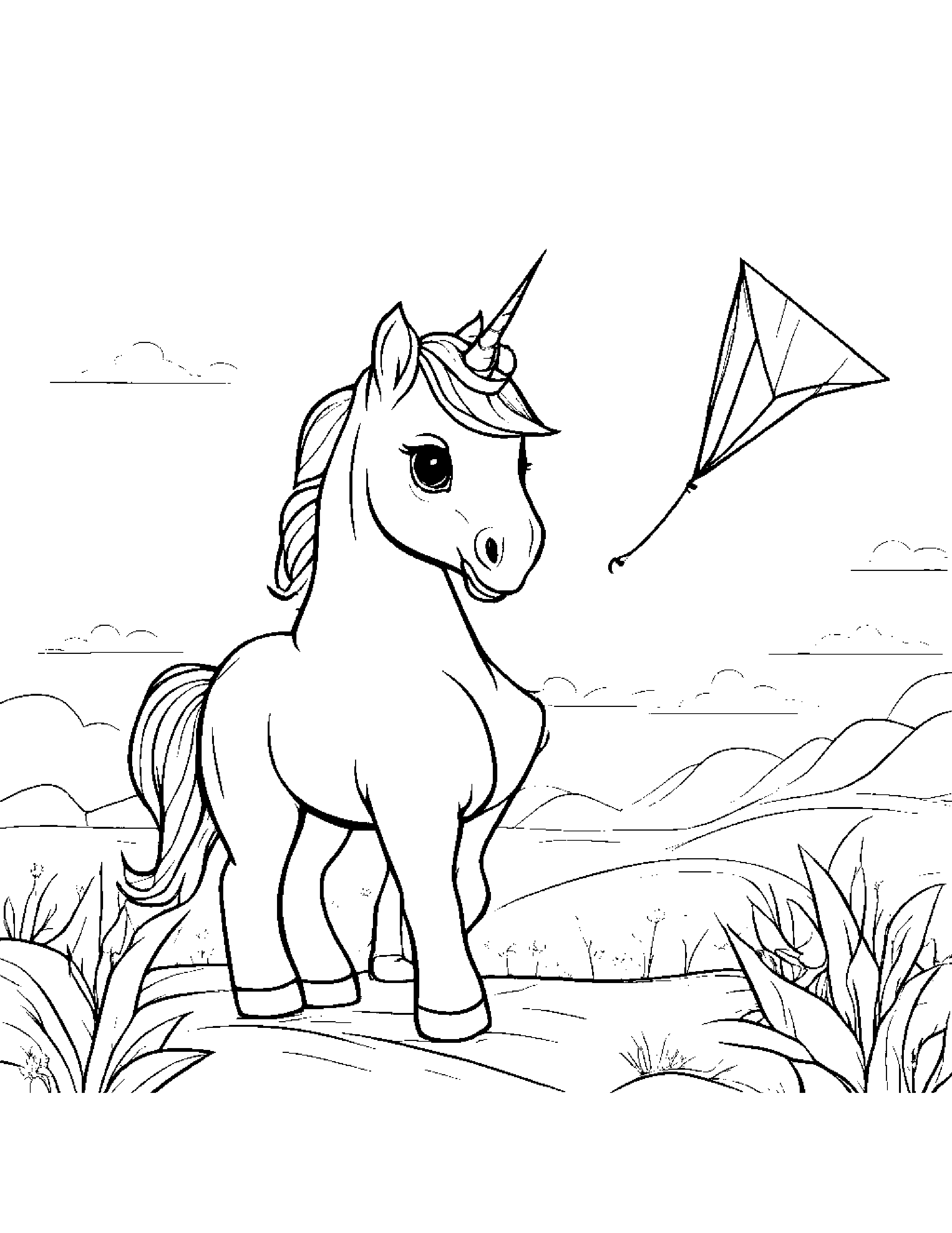 Gentle Unicorn Foal With A Kite Coloring Page (Free Printable PDF)