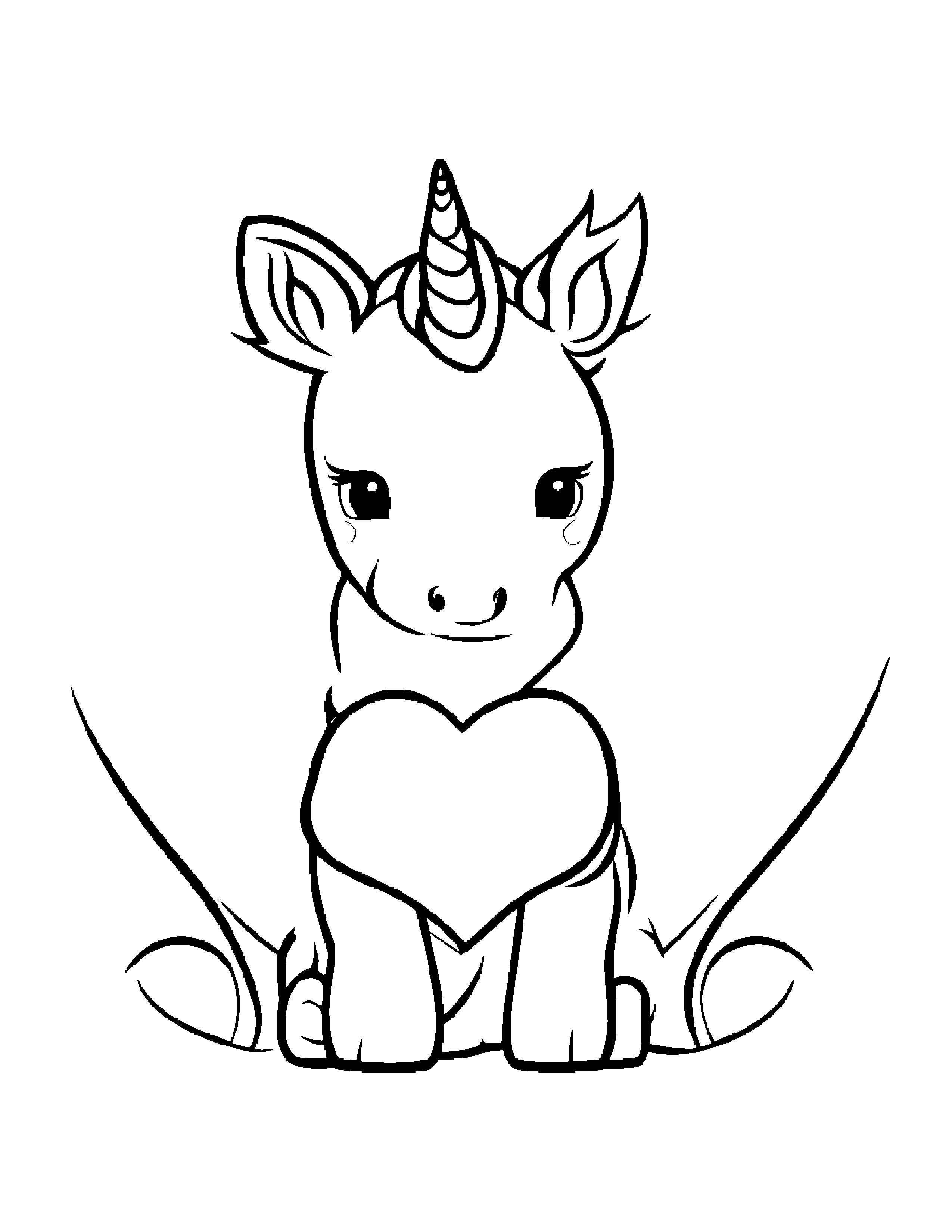Kawaii Unicorn Foal Hugging A Heart #2 Coloring Page (Free Printable PDF)
