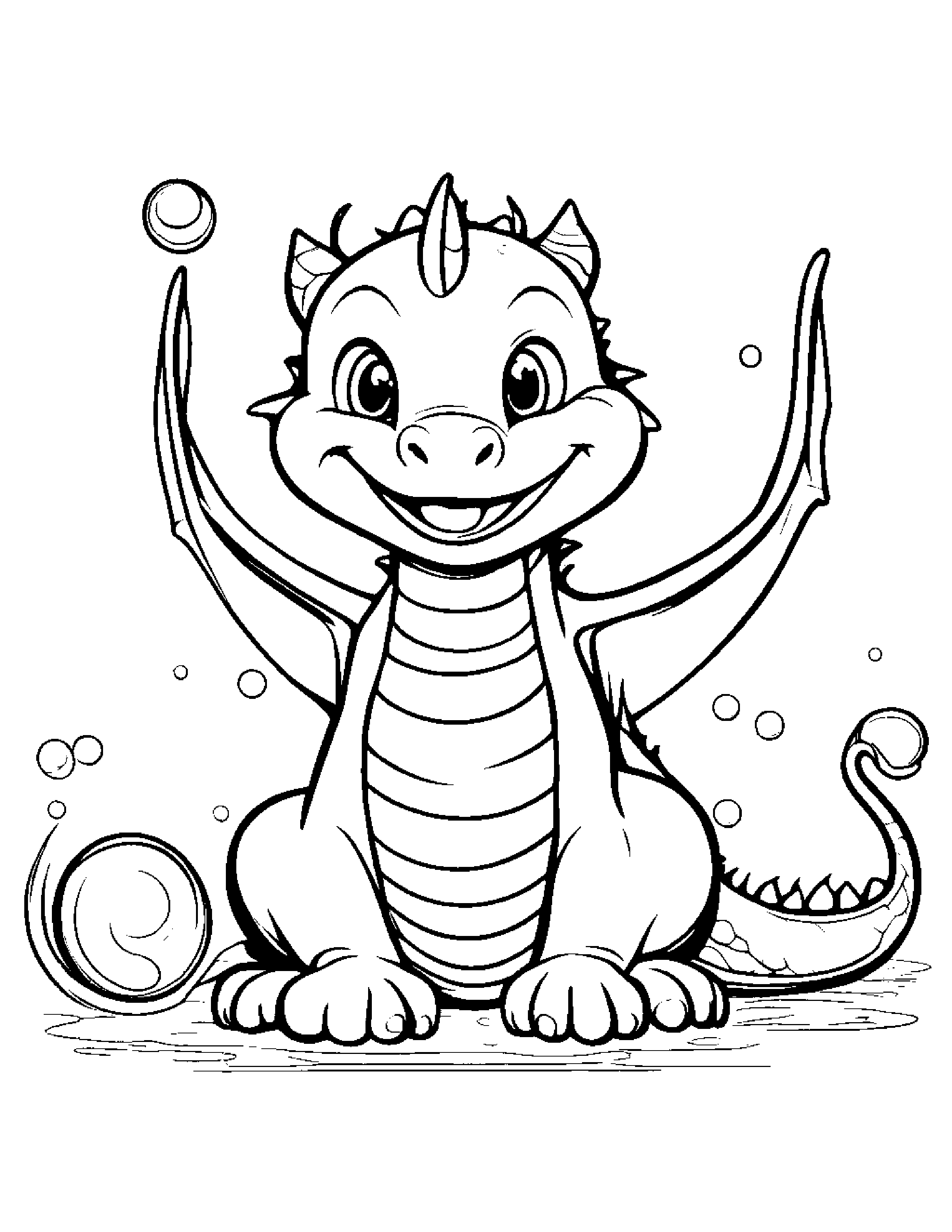 Smiling Baby Dragon Blowing Bubbles #2 Coloring Page (Free Printable PDF)