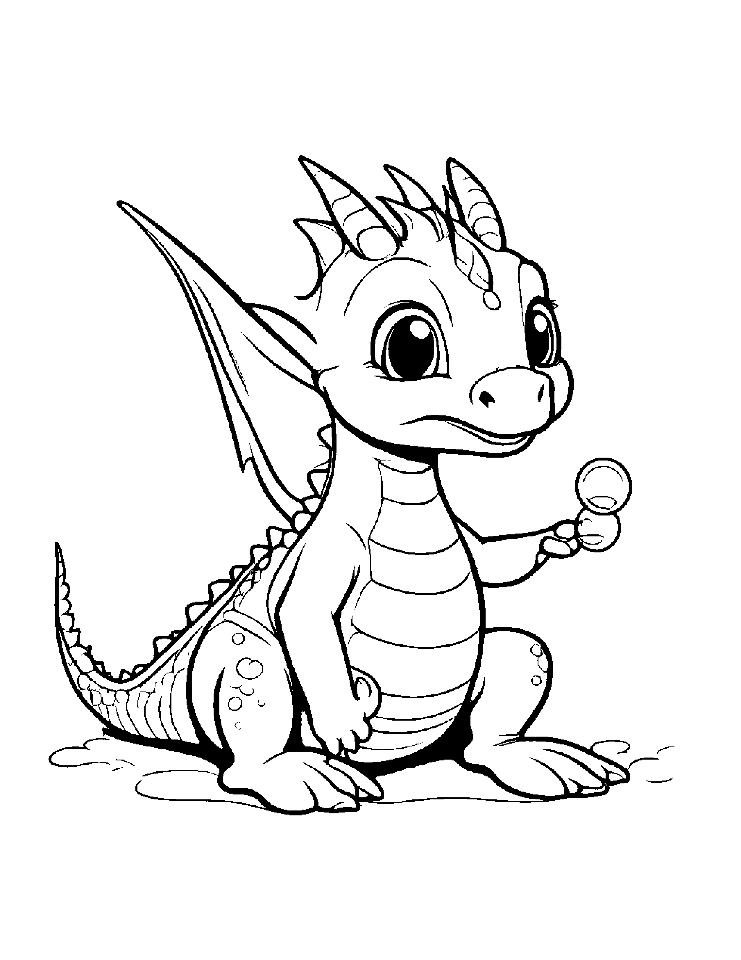 Smiling Baby Dragon Blowing Bubbles Coloring Page (Free Printable PDF)