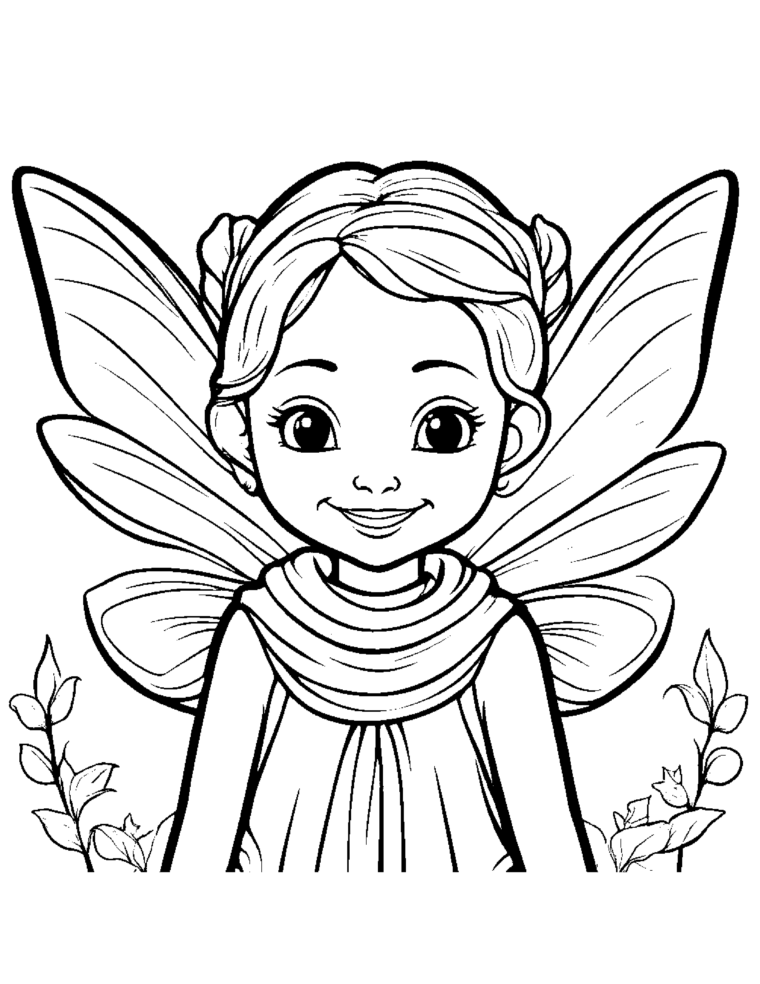 Smiling Tiny Fairy With Scarf #2 Coloring Page (Free Printable PDF)