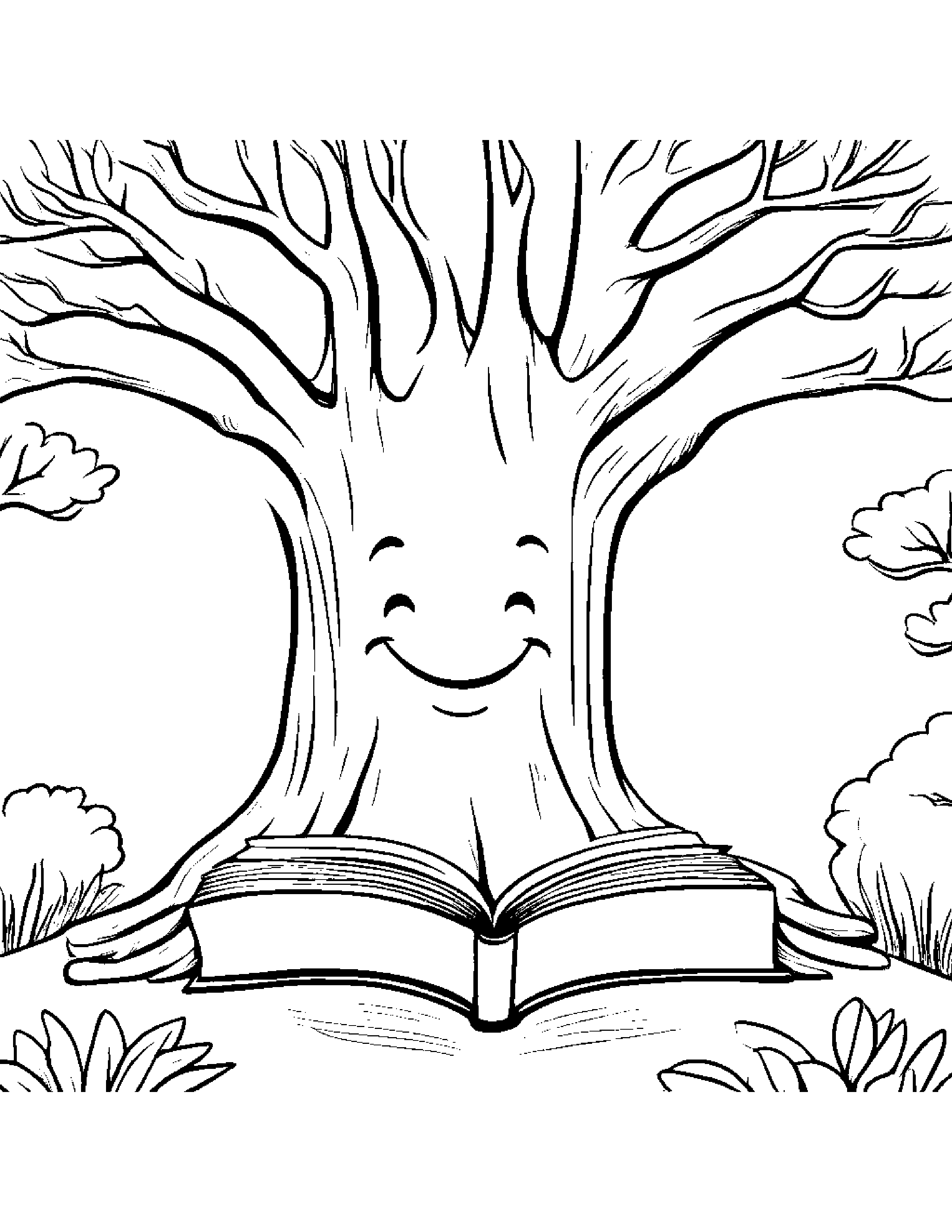 Smiling Tree Reading A Book Coloring Page (Free Printable PDF)