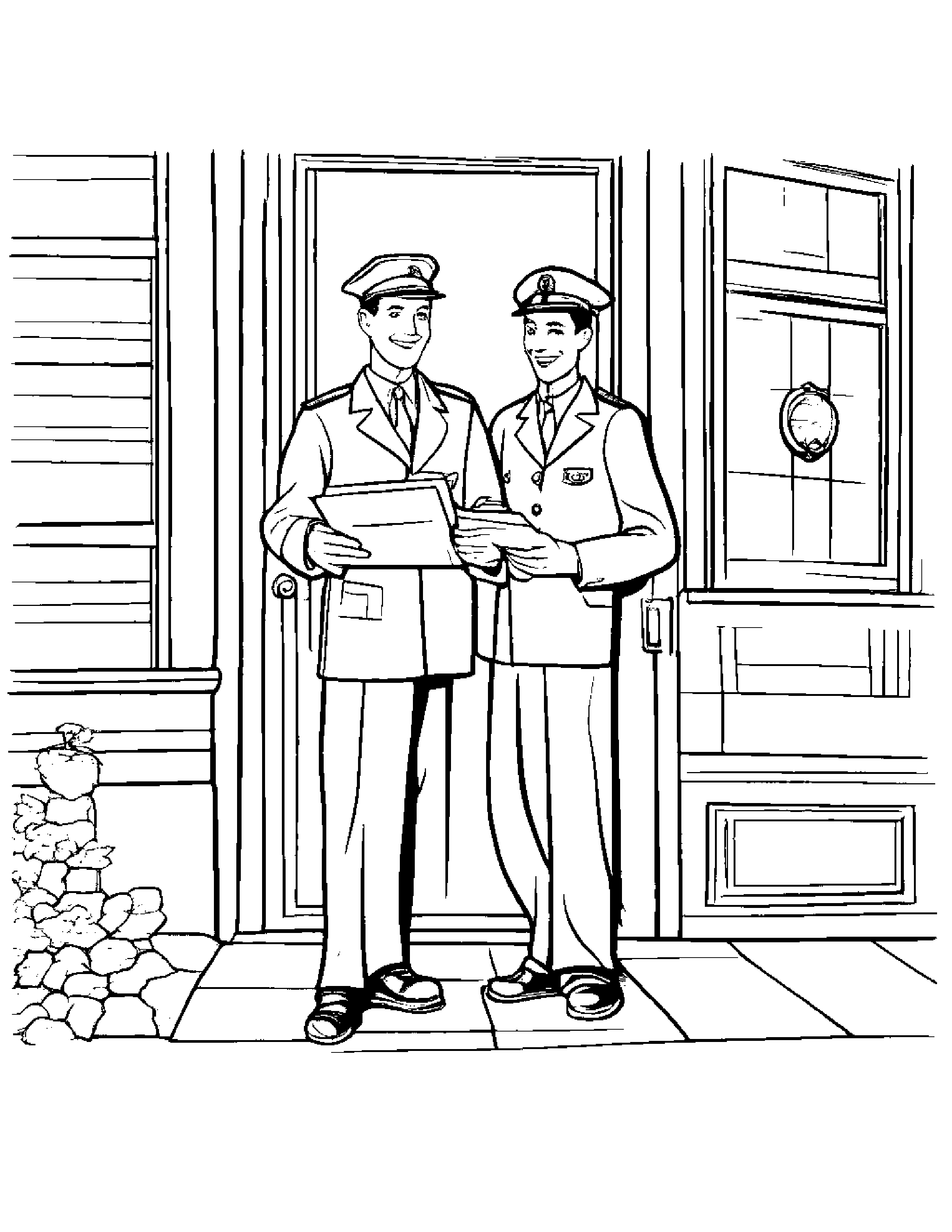 A Vintage Postman Delivering Letters To A Family Coloring Page (Free Printable PDF)