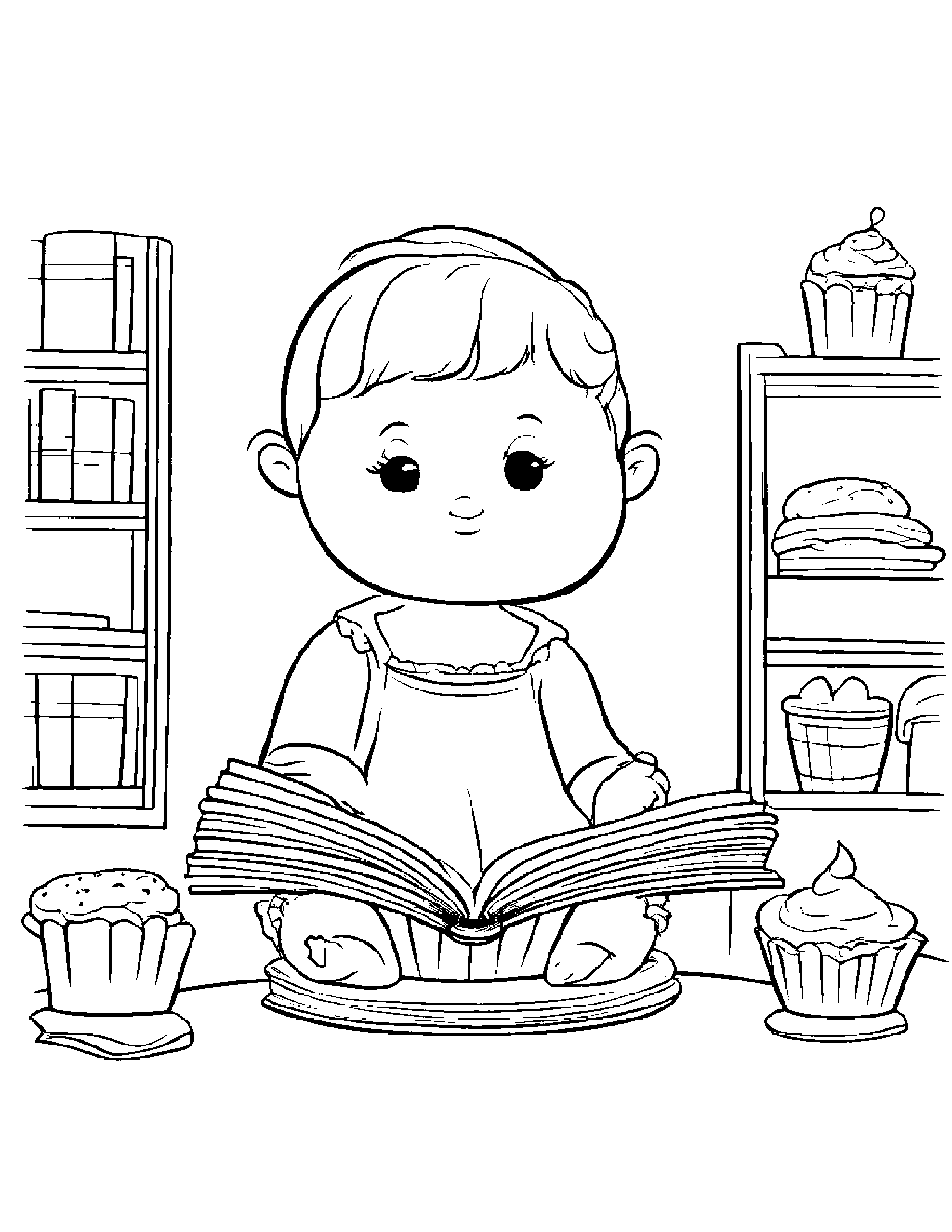Baby Cupcake Reading A Book Coloring Page (Free Printable PDF)