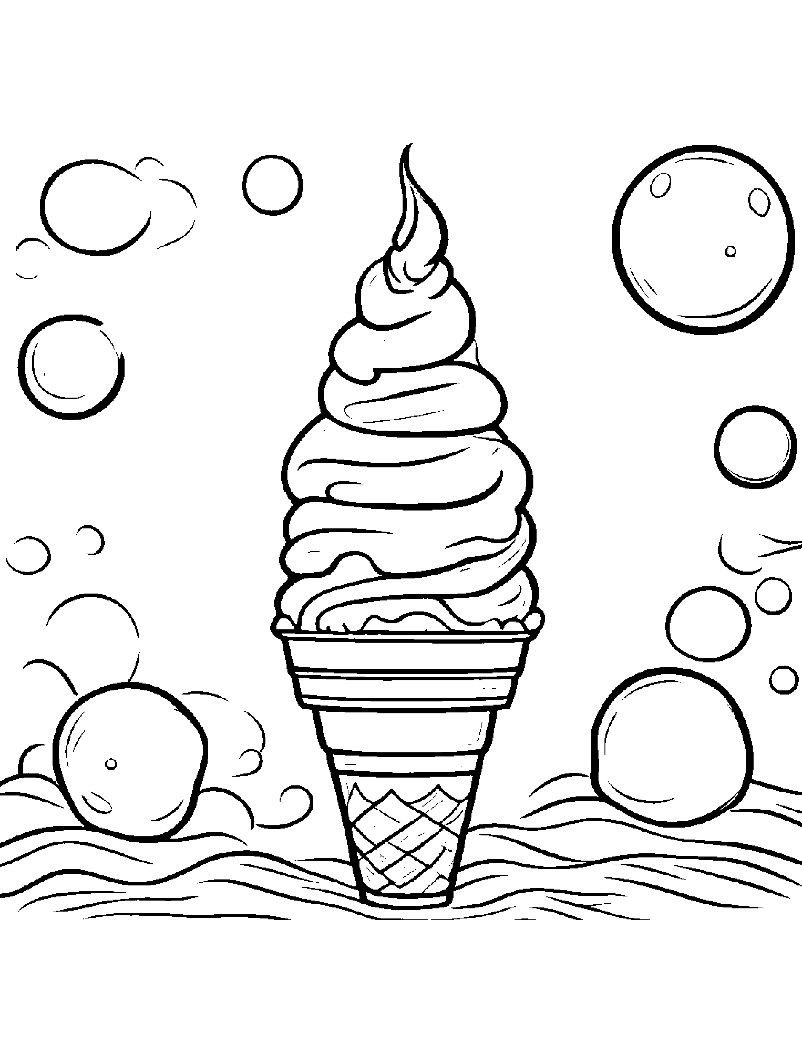 Ice Cream Cone Blowing Bubbles Coloring Page (Free Printable PDF)