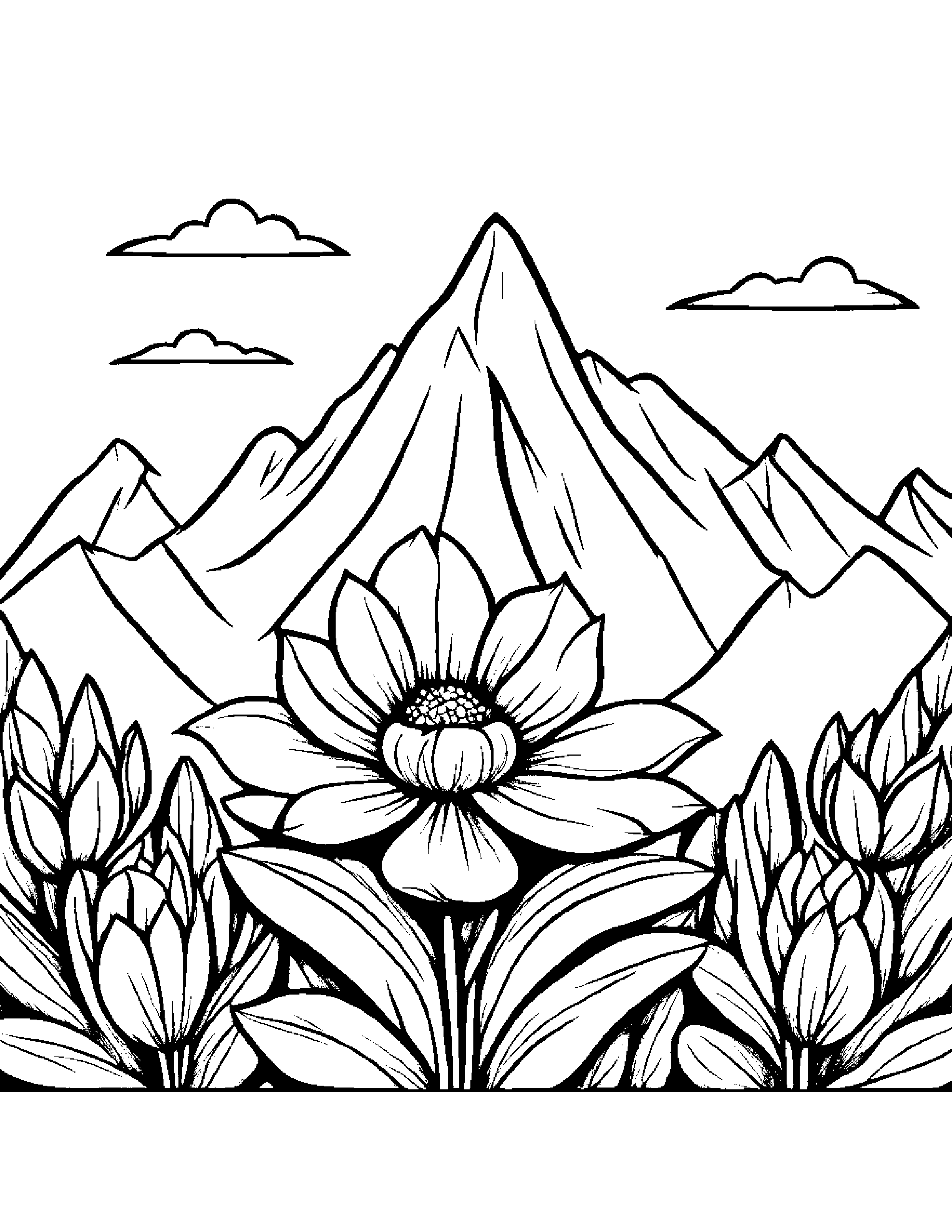 Mountain With A Flower #2 Coloring Page (Free Printable PDF)