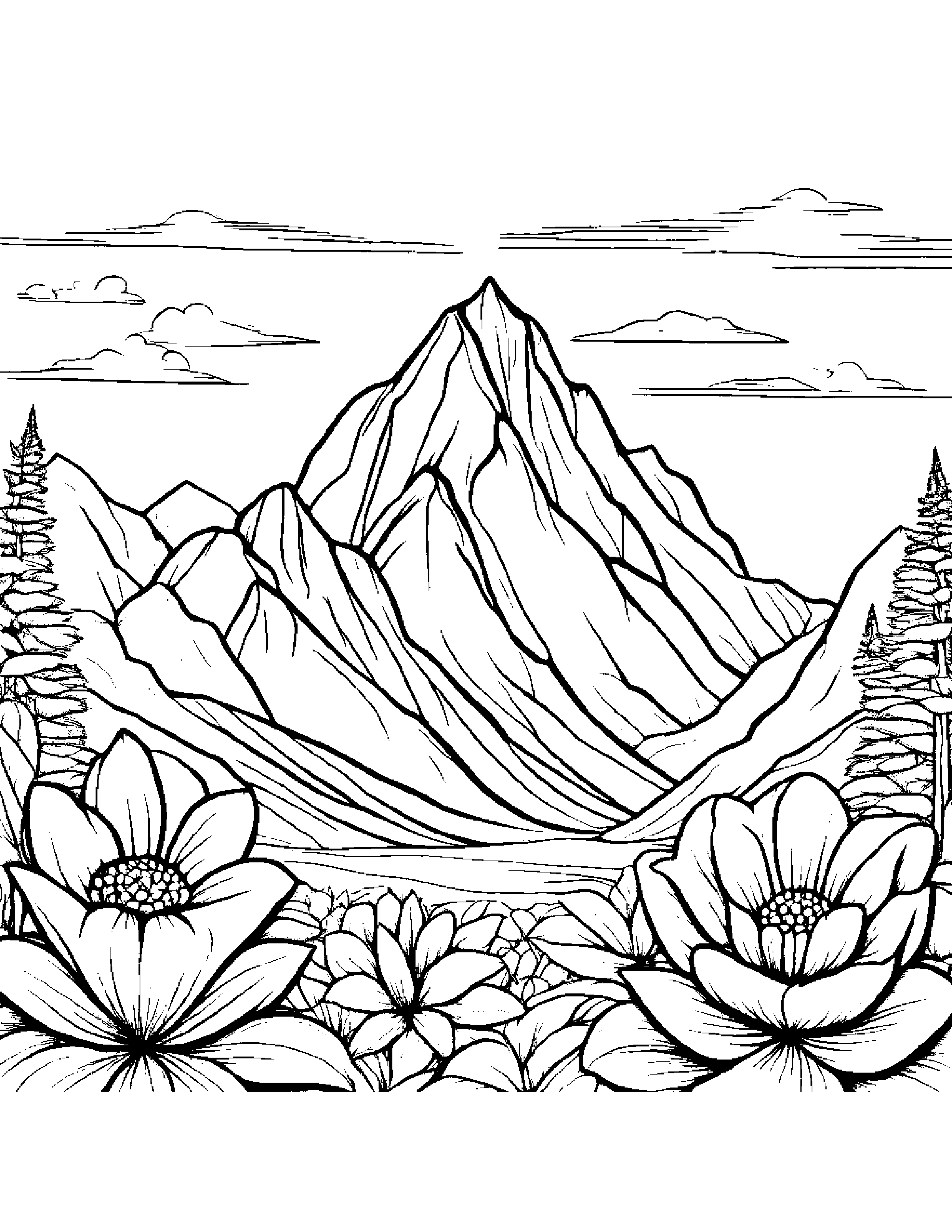 Mountain With A Flower Coloring Page (Free Printable PDF)