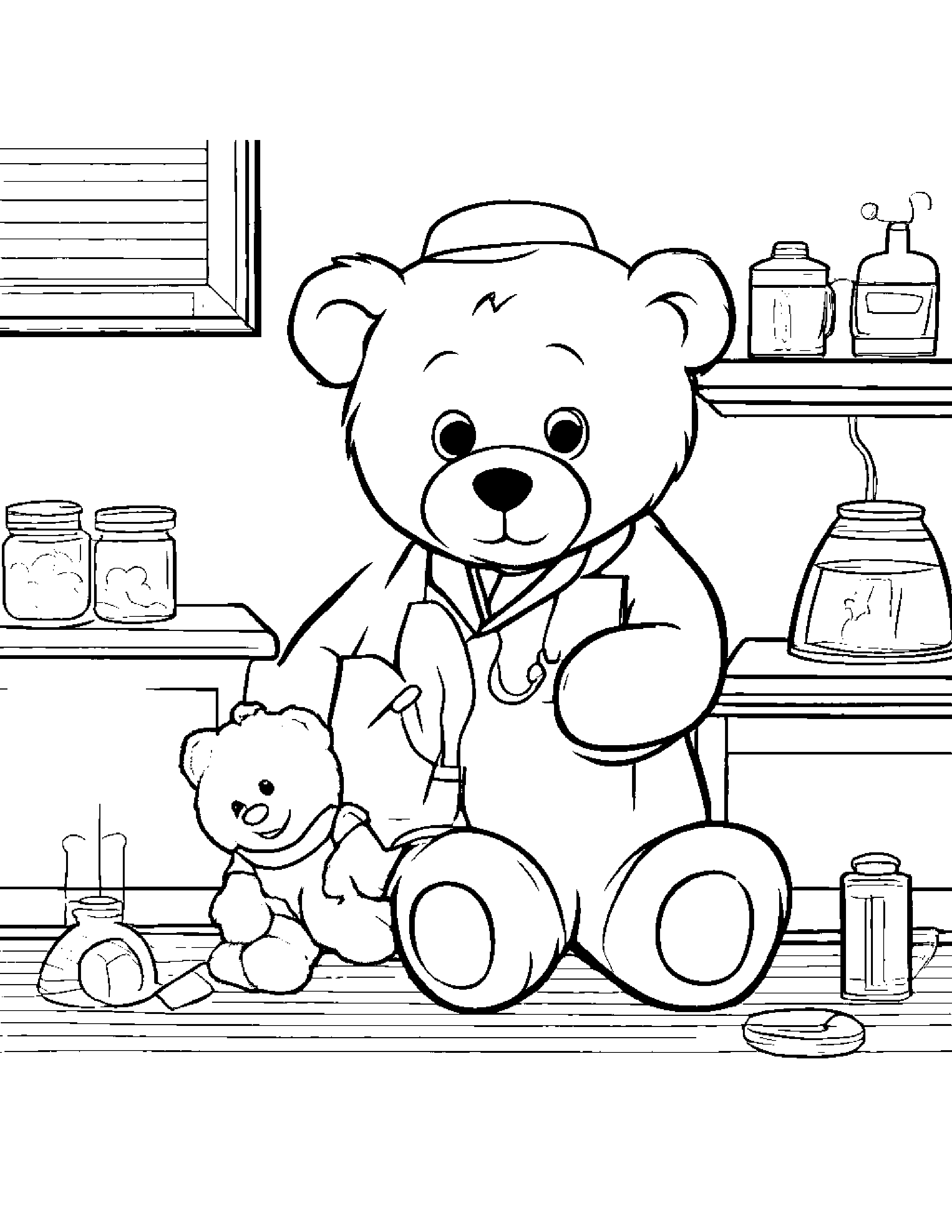 A Doctor Examining A Sick Teddy Bear At Her Pediatric Clinic Coloring Page (Free Printable PDF)