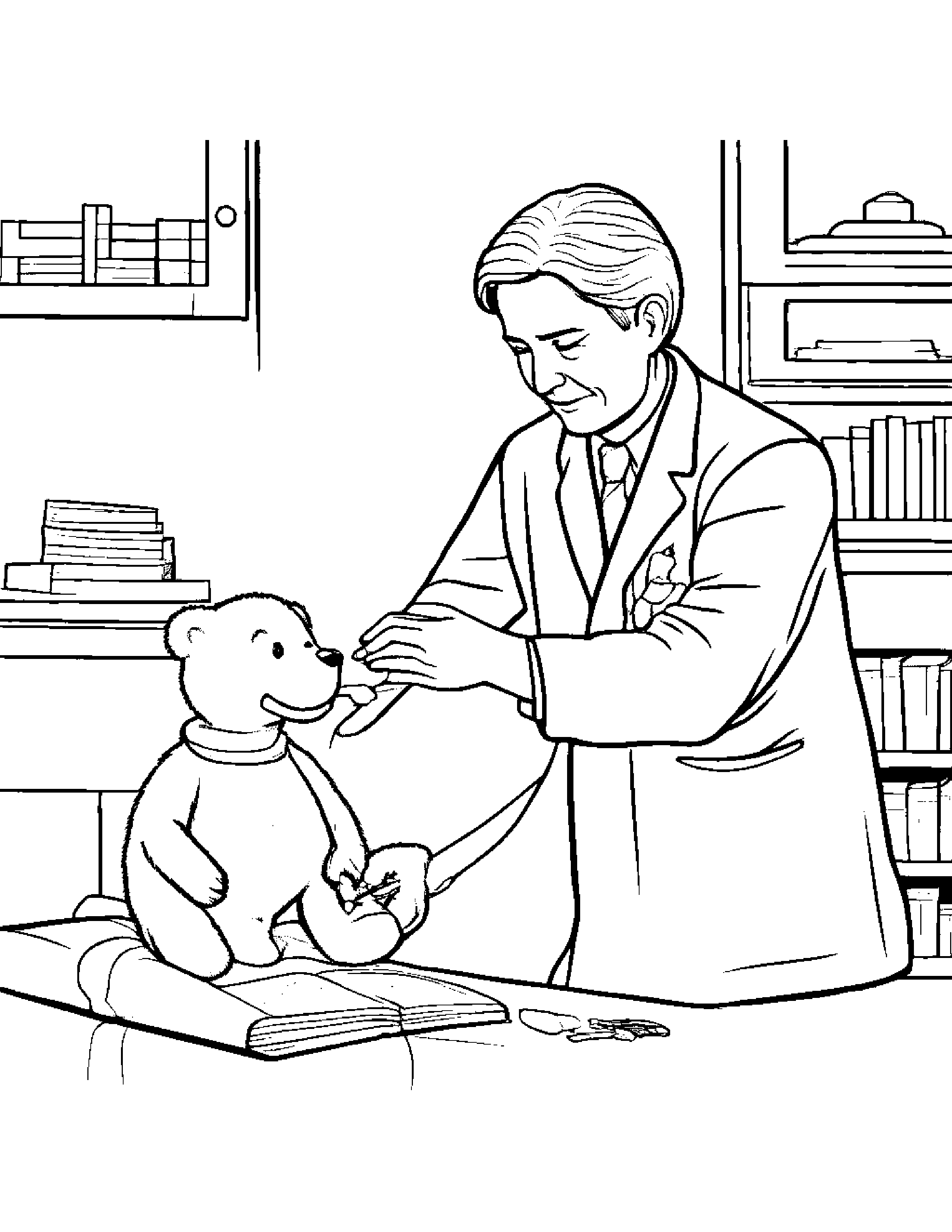 A Doctor Giving A Shot To A Stuffed Animal Patient Coloring Page (Free Printable PDF)