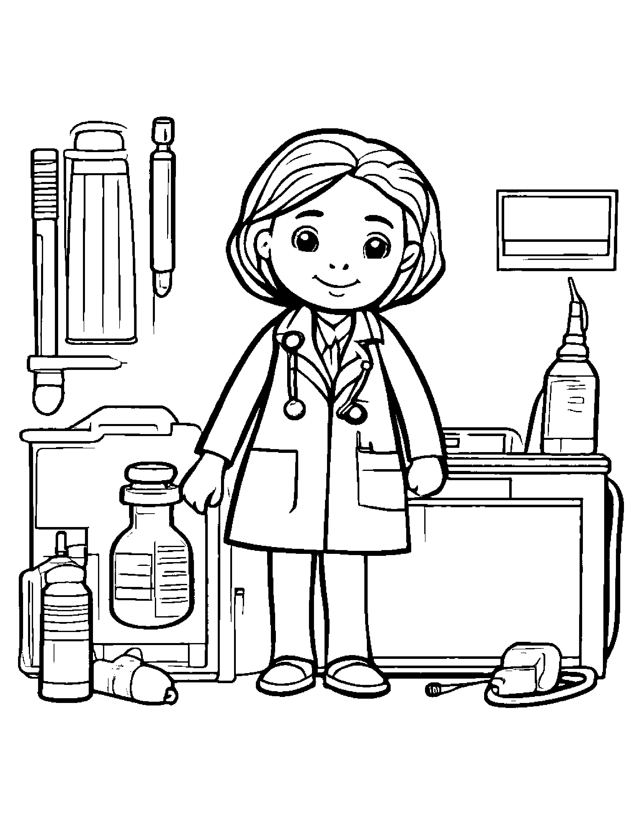 A Doctor Kit With Doctor Doll, Stethoscope, Thermometer, And Otoscope Coloring Page (Free Printable PDF)