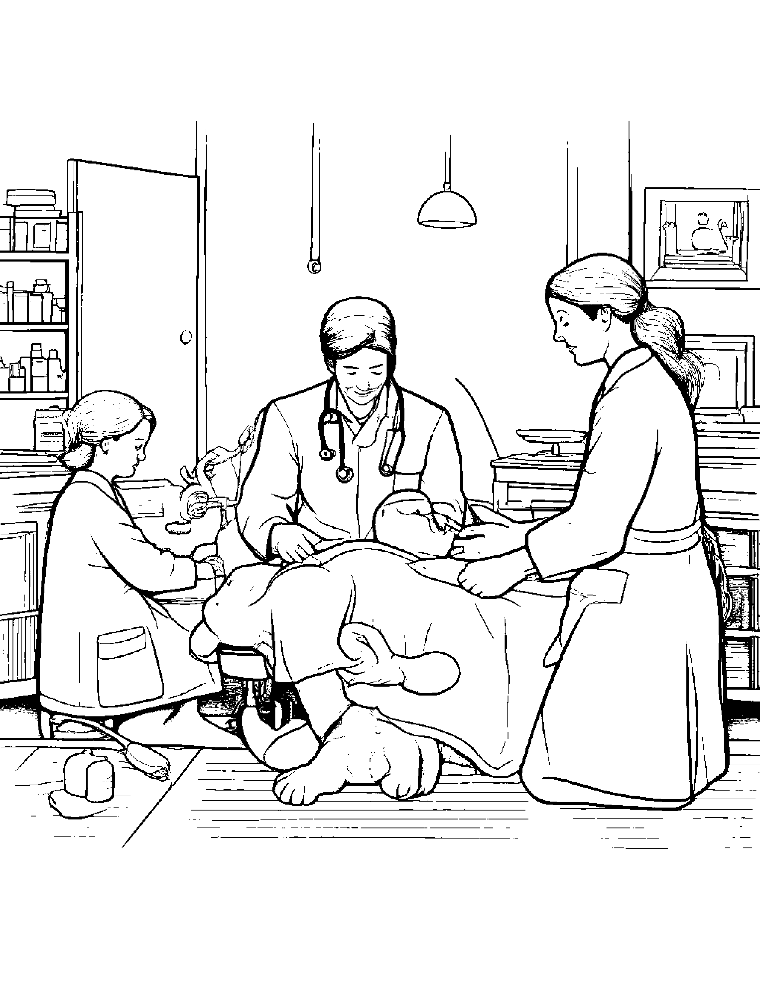 A Doctor Performing Surgery On A Stuffed Animal Patient Assisted By Nurses Coloring Page (Free Printable PDF)