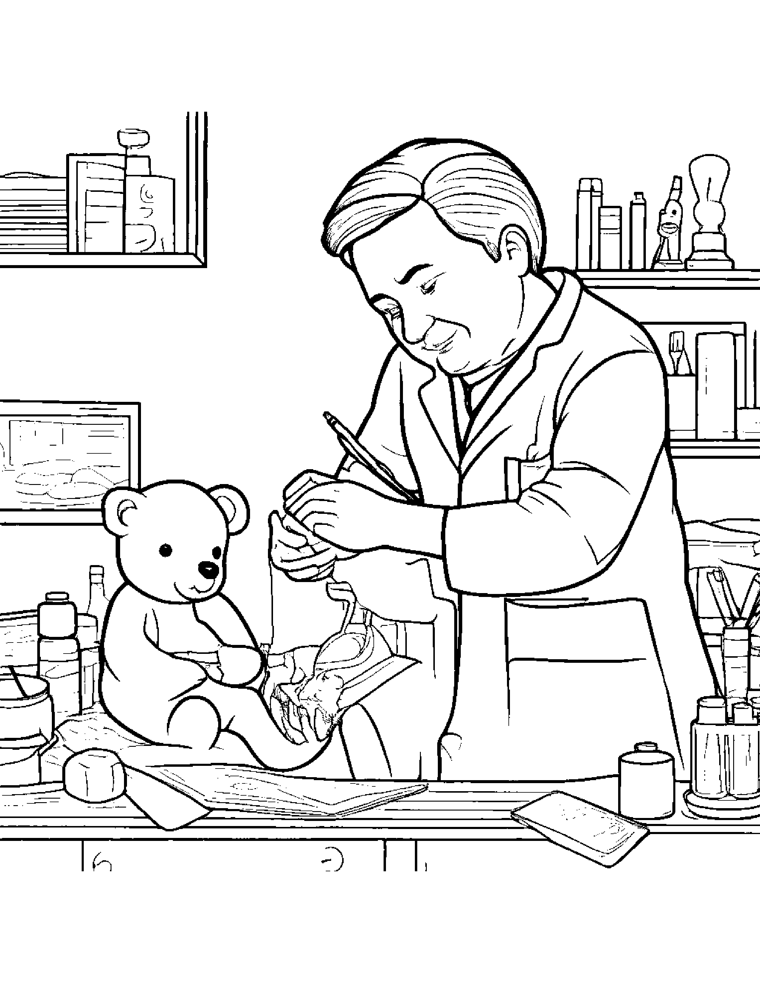 A Doctor Performing Surgery On A Stuffed Animal Patient Coloring Page (Free Printable PDF)